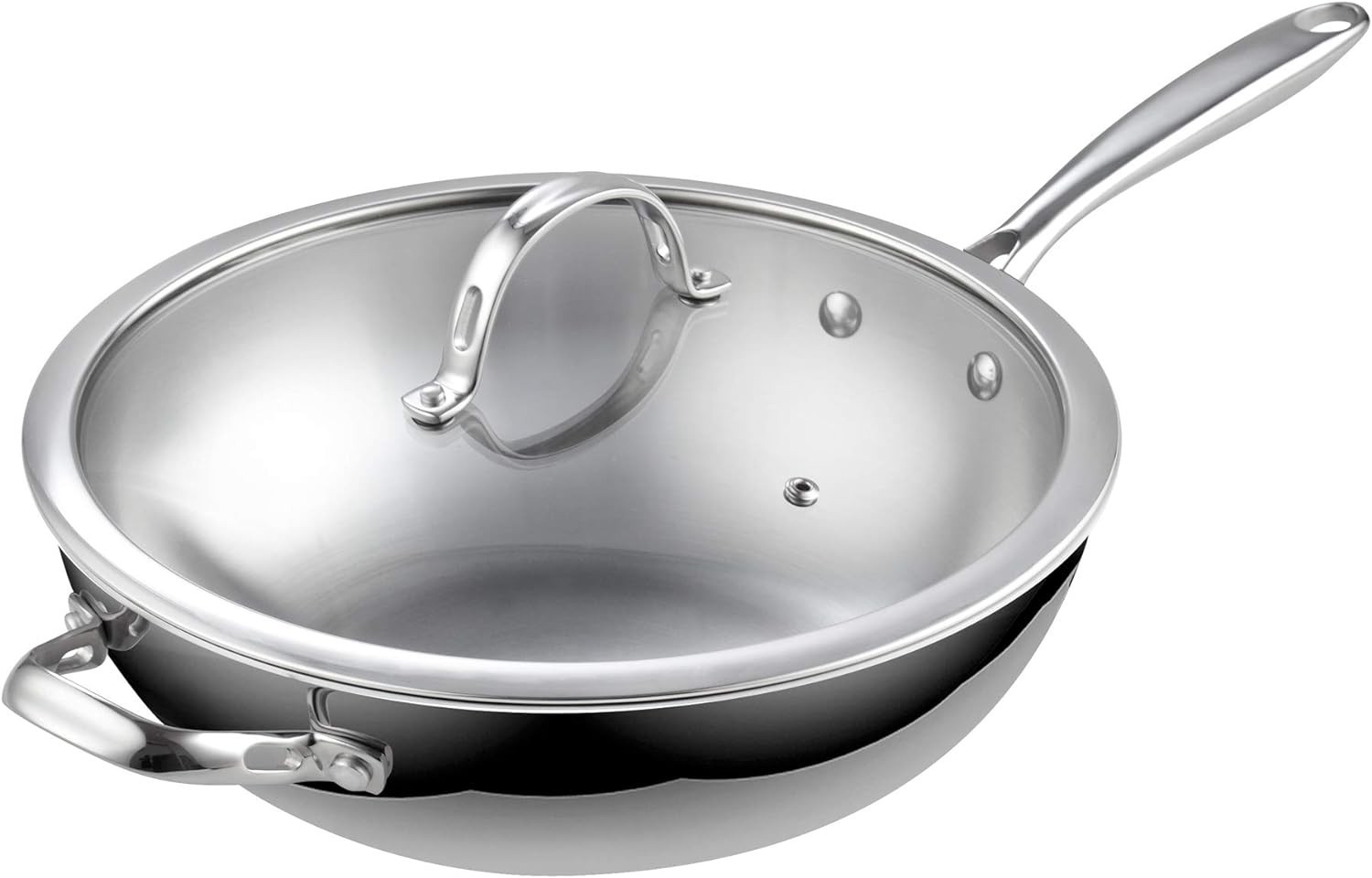 Stainless Steel Wok Pan 12 Inch Stir Fry Pan with Glass Lid Dishwasher Safe