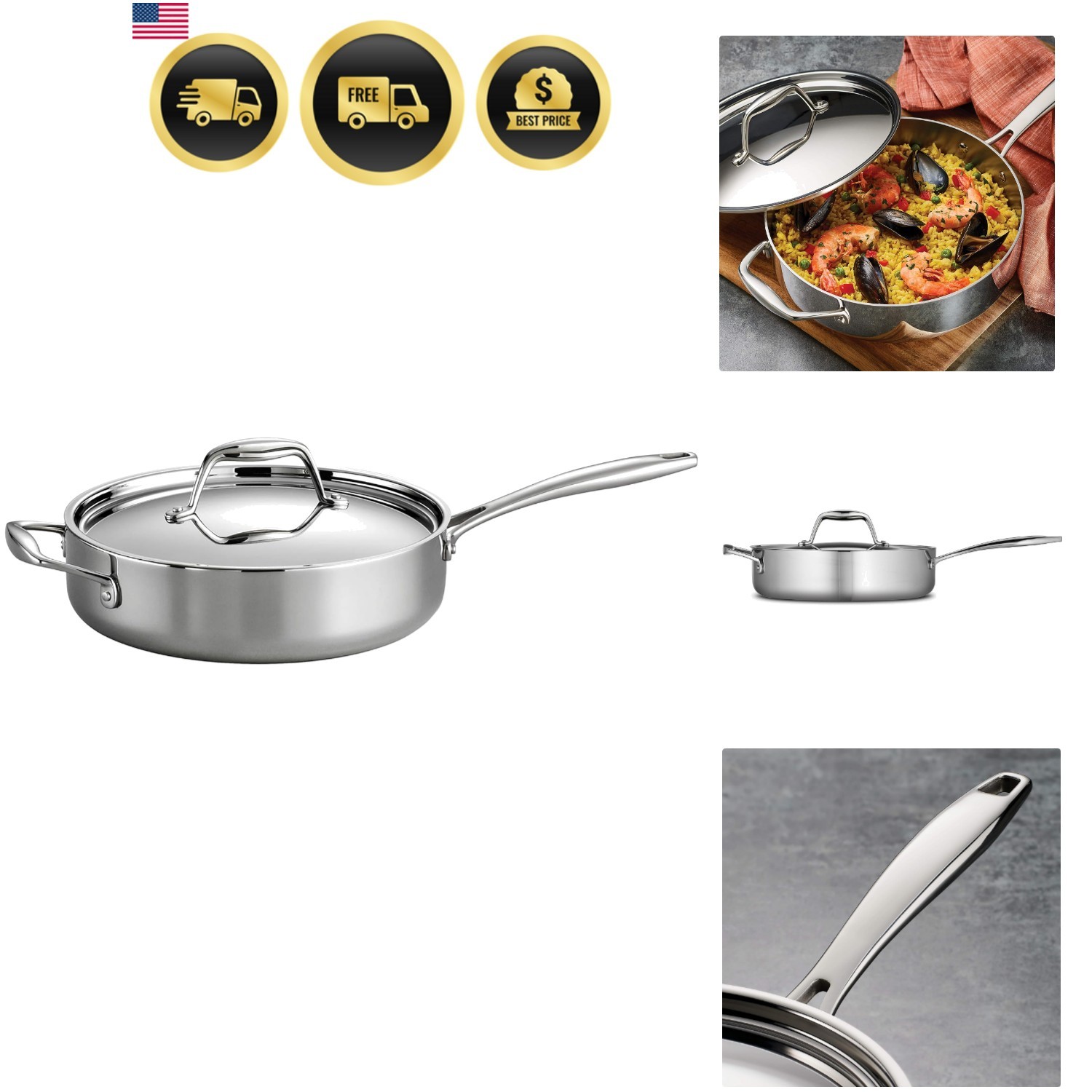 Signature Tri-Ply Clad Stainless Steel 3-Quart Saute Pan with Lid, Induction-…
