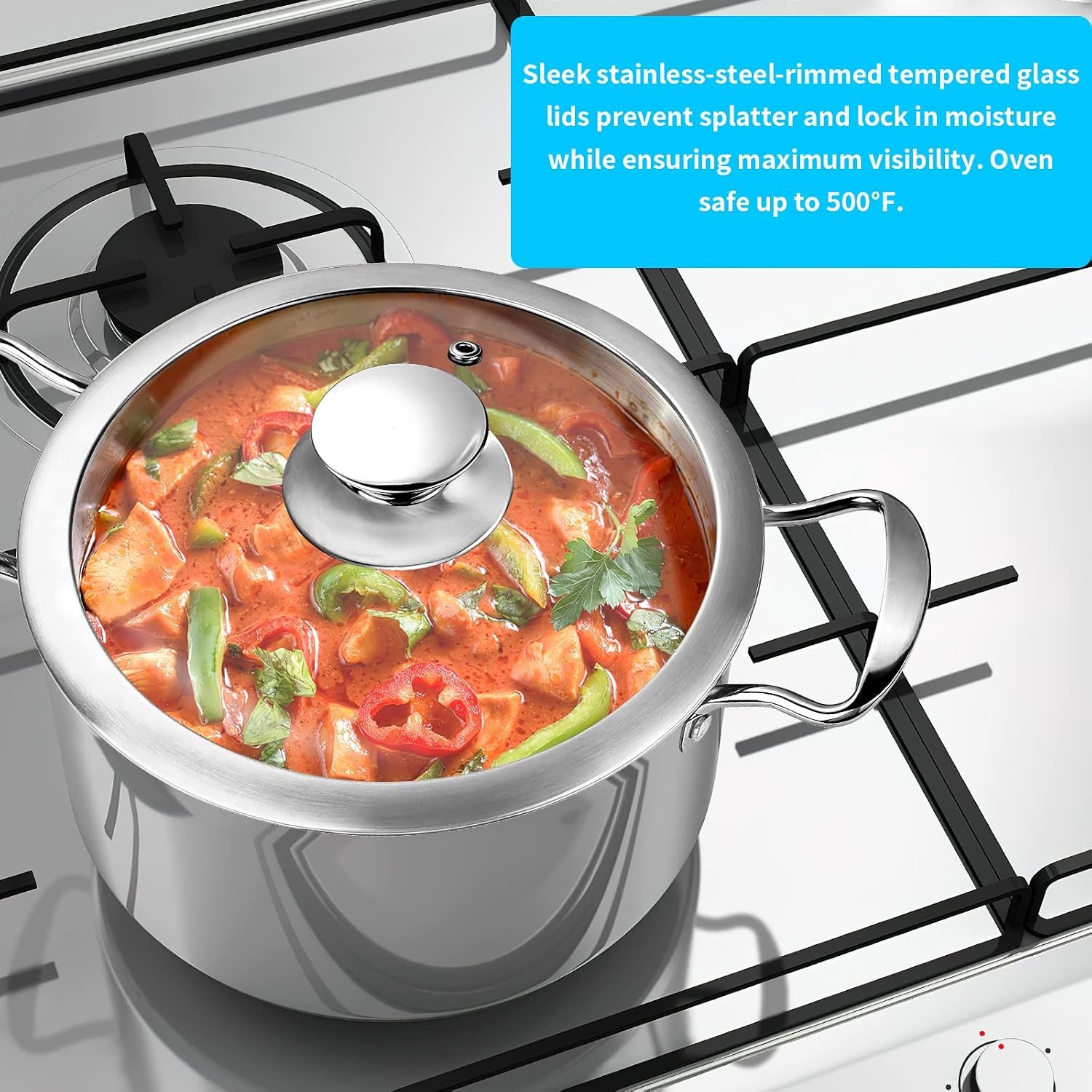 Stainless Steel Kitchen Pots Glass Lids Stay Cool Handles Induction Gas Cookware