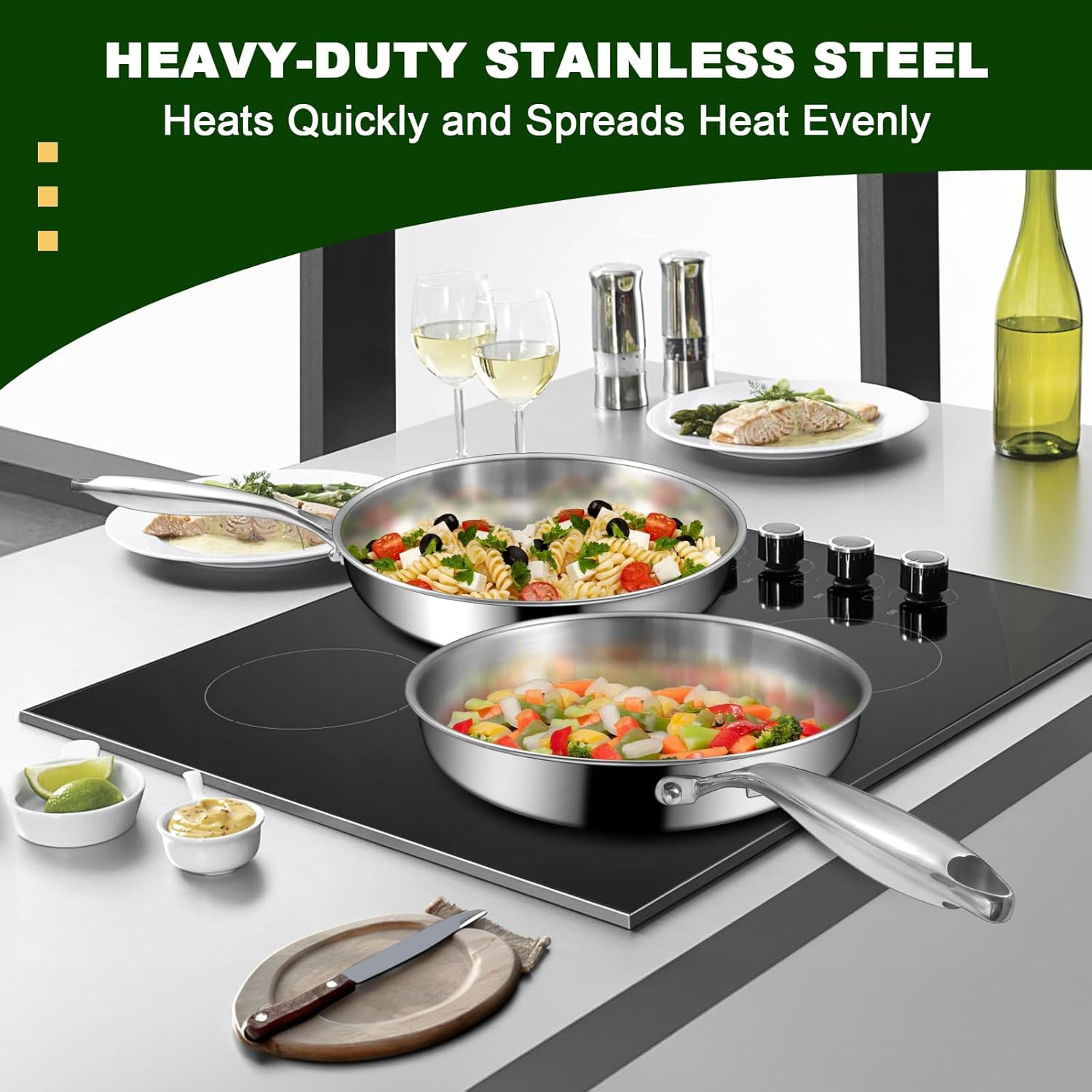 12 Inch Tri Ply Stainless Steel Frying Pan Skillet With Lid Induction Ready