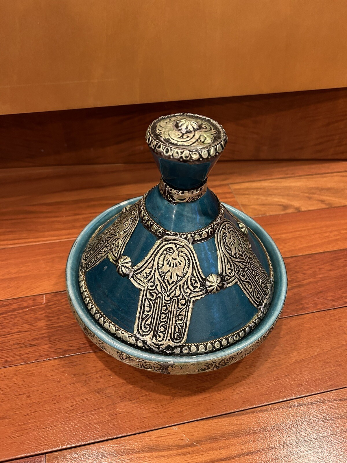 Morrocan Tagine Pot With Lid Teal And Silver Color 8”
