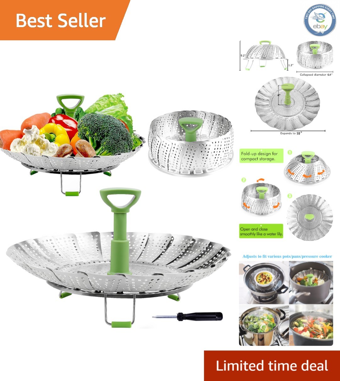 Stainless Steel Vegetable Steamer Basket, Expandable 6.4″ to 10″ for Healthy …