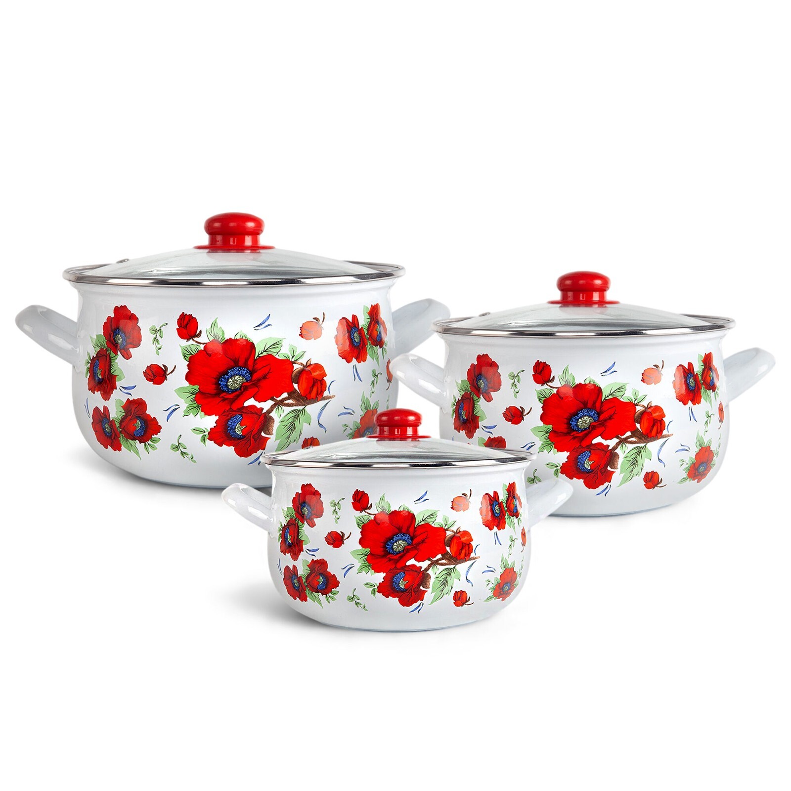 3 pc POPPY Enamel Stockpot Set Cooking Pot Set Enamel Casserole 2-qt 4-qt 6.5-qt