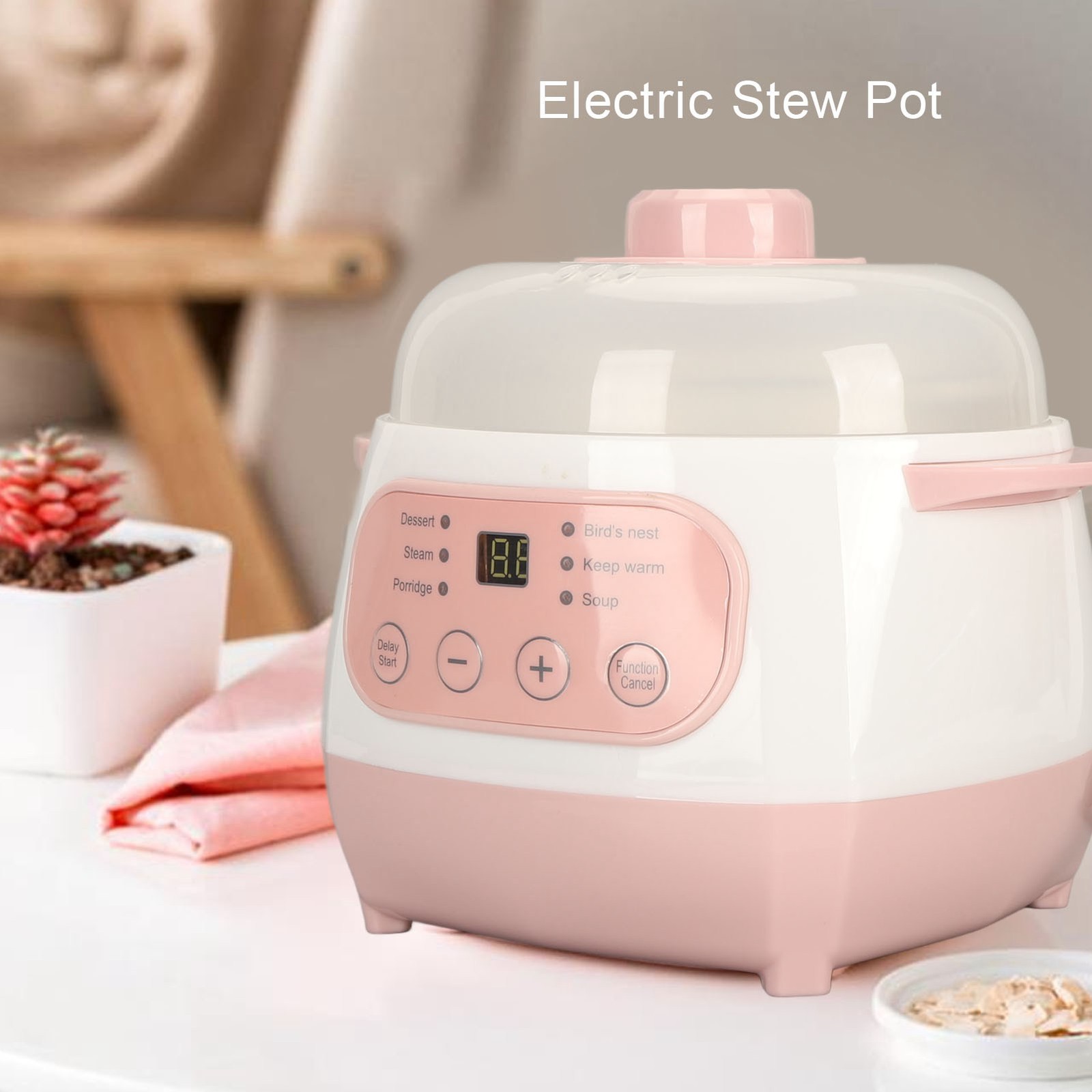200W 1L Electric Stew Pot with Ceramic Interior Pot Slow Cooker Pot with Lid