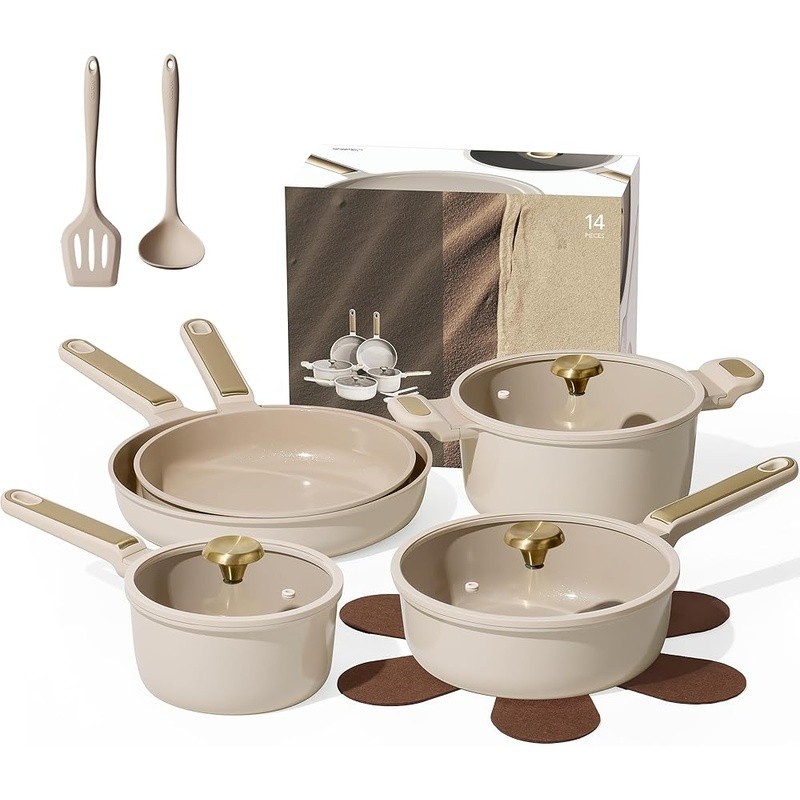 Non-Toxic Ceramic Cookware Set 14 Piece Nonstick Fry Pan Sauté Pot Stay Cool New