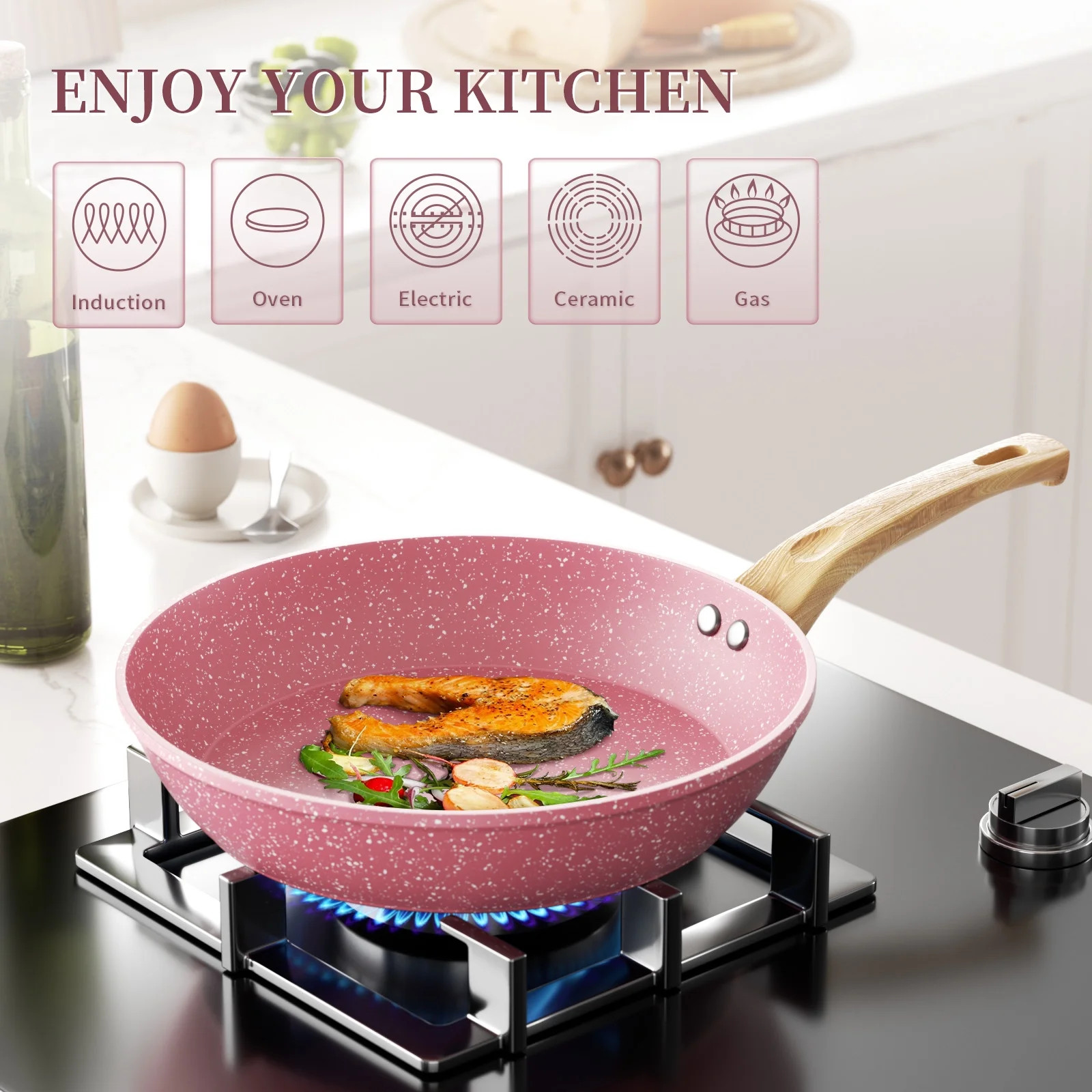8 Pcs Pink Nonstick Cookware Set Granite Stone Kitchen Frying Pan Set Cookware w