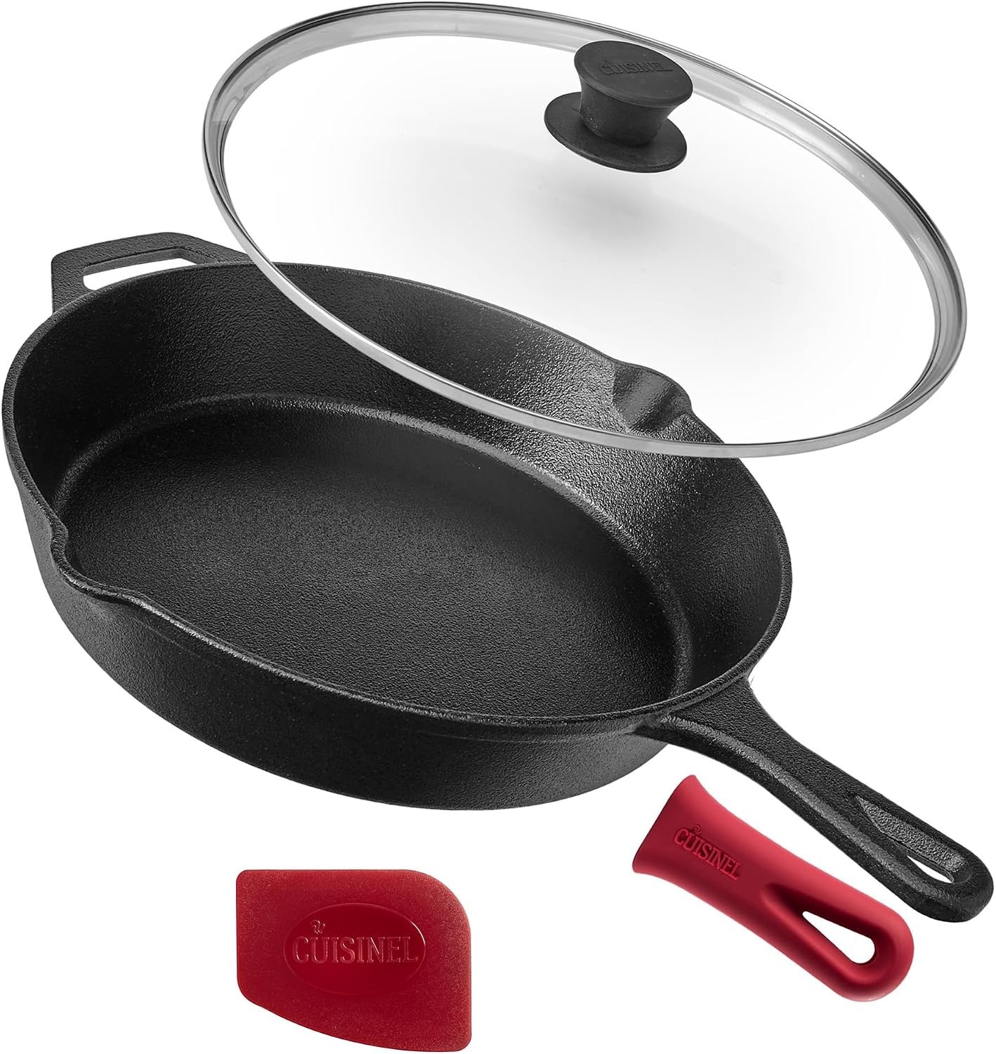 Oven Safe 12-Inch Cast Iron Skillet with Essential Glass Lid and Silicone Holder