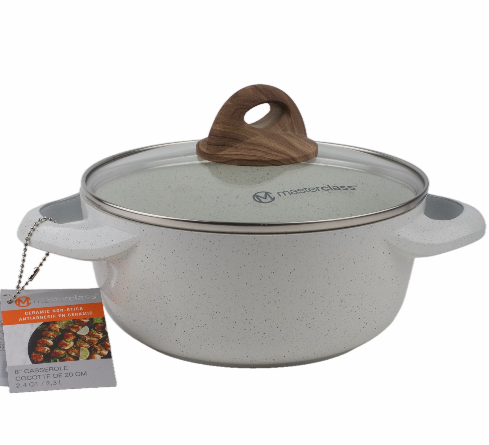 Masterclass Ceramic Non Stick 8″ Casserole Pan Pot with Lid 2.4 qt Off White