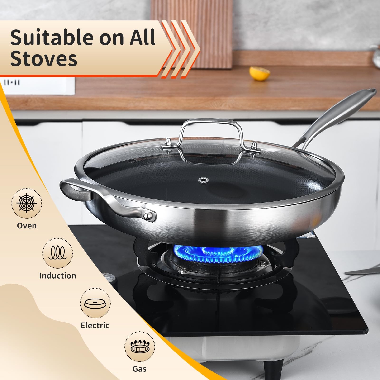 12-Inch Hybrid Tri-Ply Stainless Steel Non Stick Chef’s Frying Pan with Lid a…