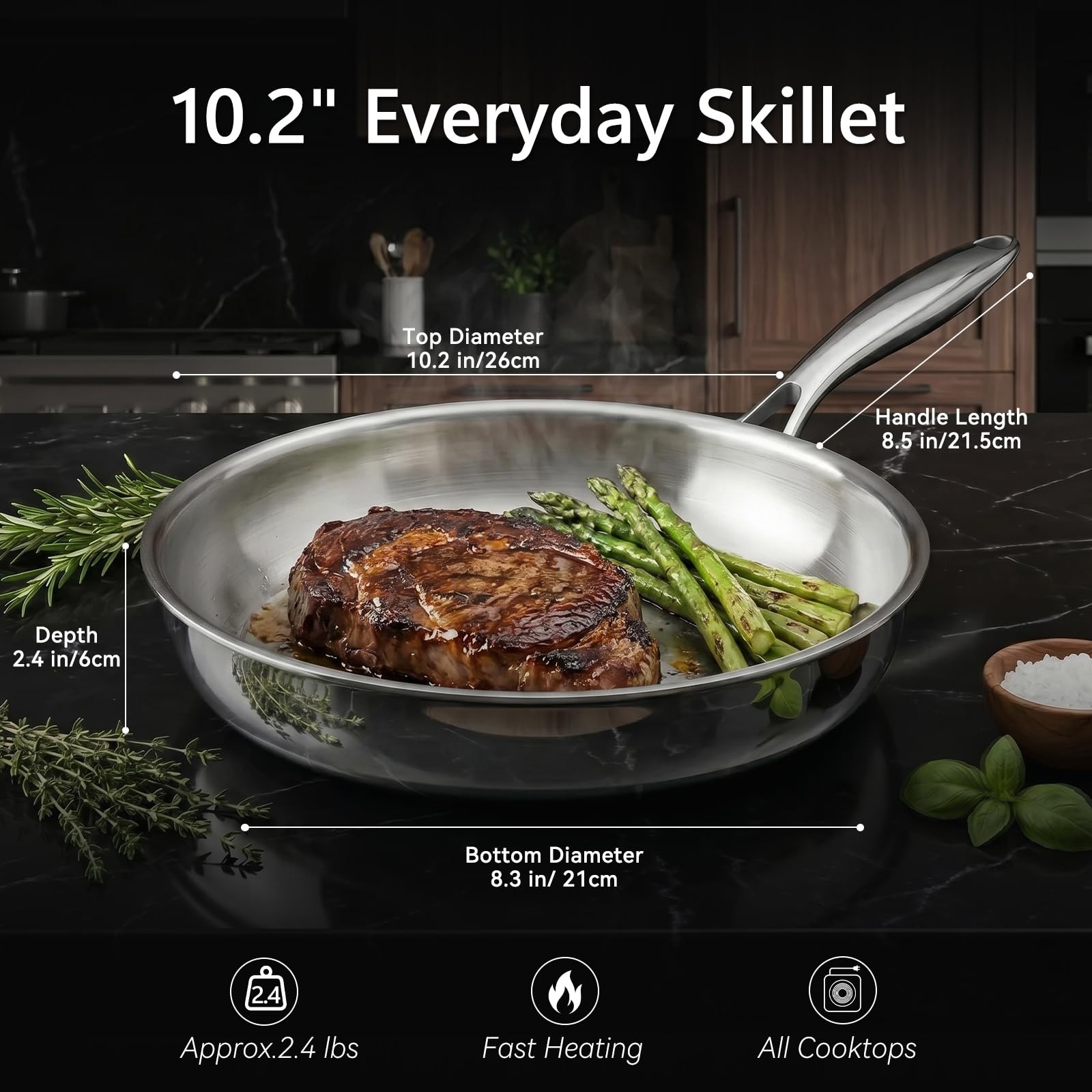 10.2 Inch Stainless Steel Frying Pan, Professional Tri-Ply Uncoated Skillet w…