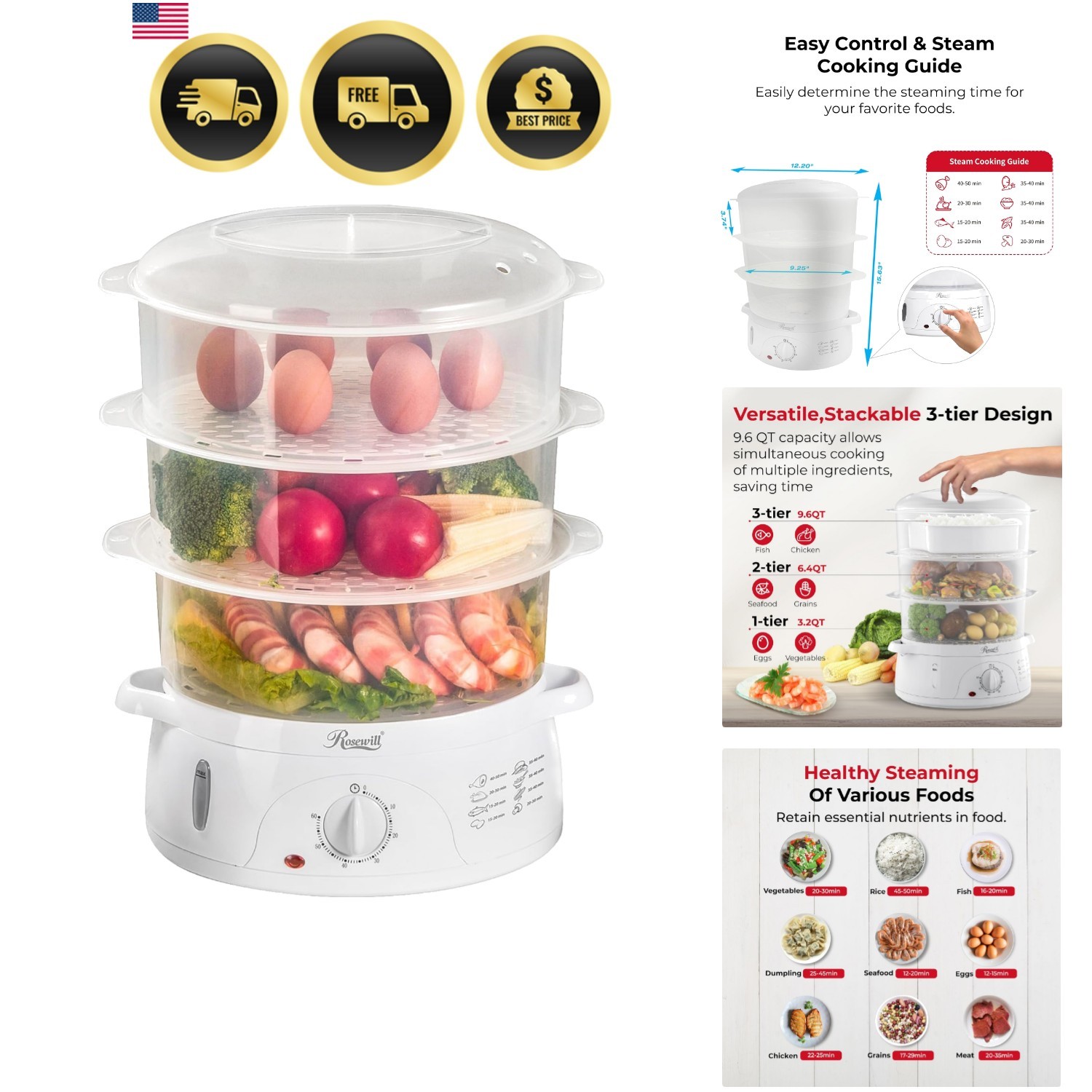 Electric Food Steamer with 3 Tiers BPA-Free Stackable, Dishwasher Safe Basket…