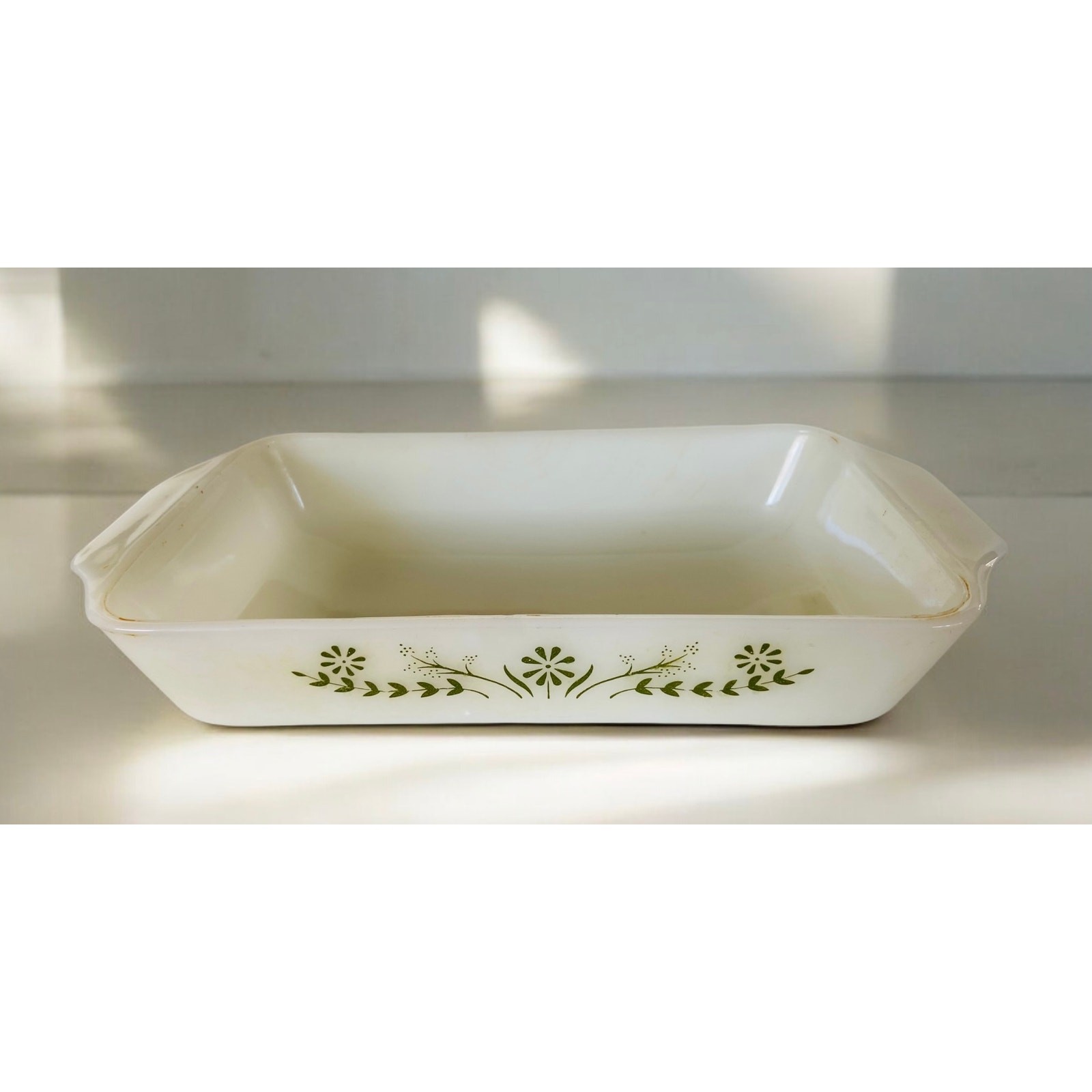 VINTAGE 70s Glasbake Green Floral Flower Print 1 QT Casserole Milk Glass Dish