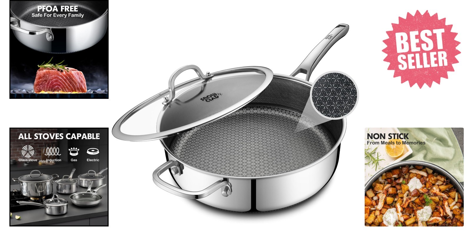 5 Quart Nonstick Stainless Steel Saute Pan with Lid – PFOA Free & Oven Safe