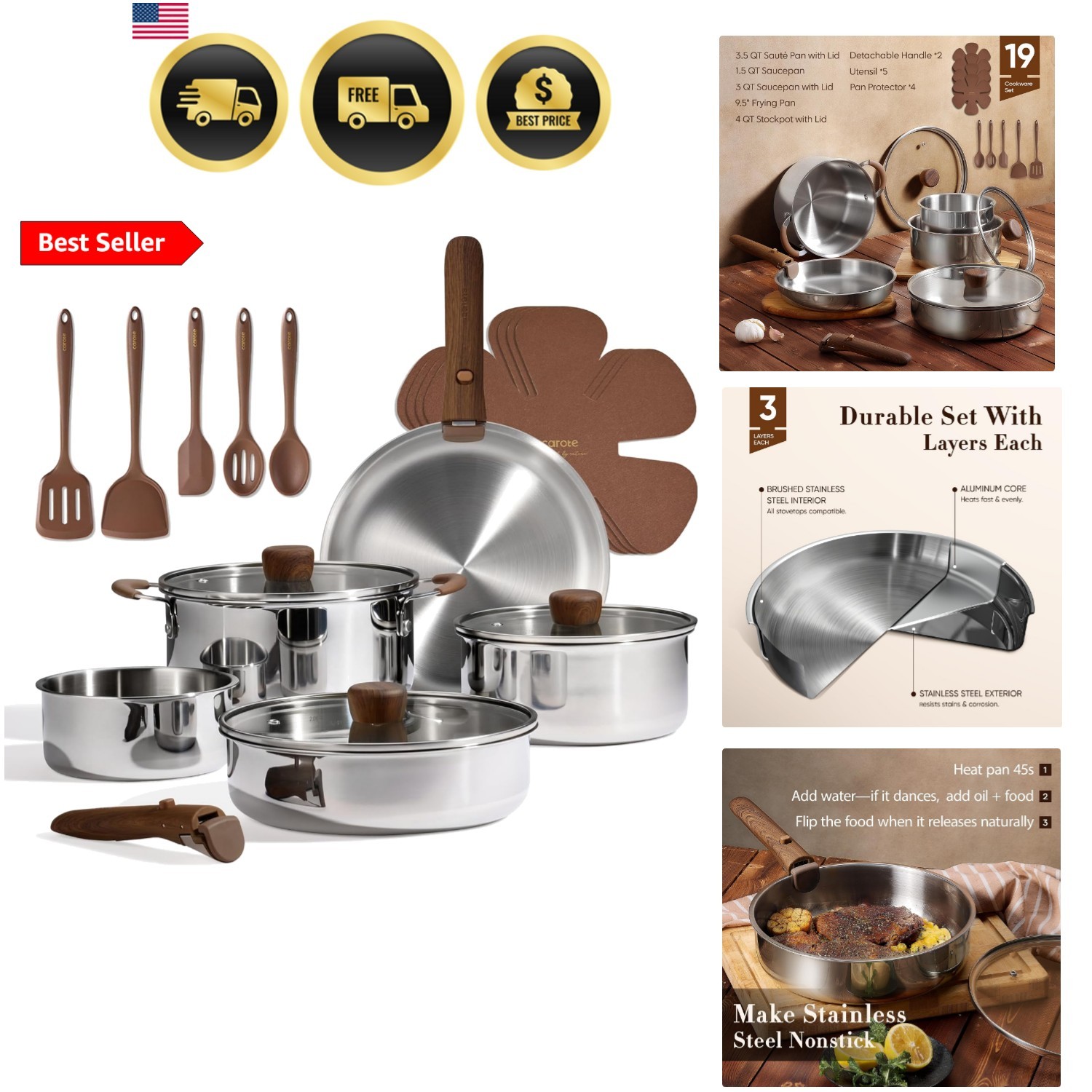 19pcs Stainless Steel Cookware Set with Detachable Handle, Pots and Pans Set,…