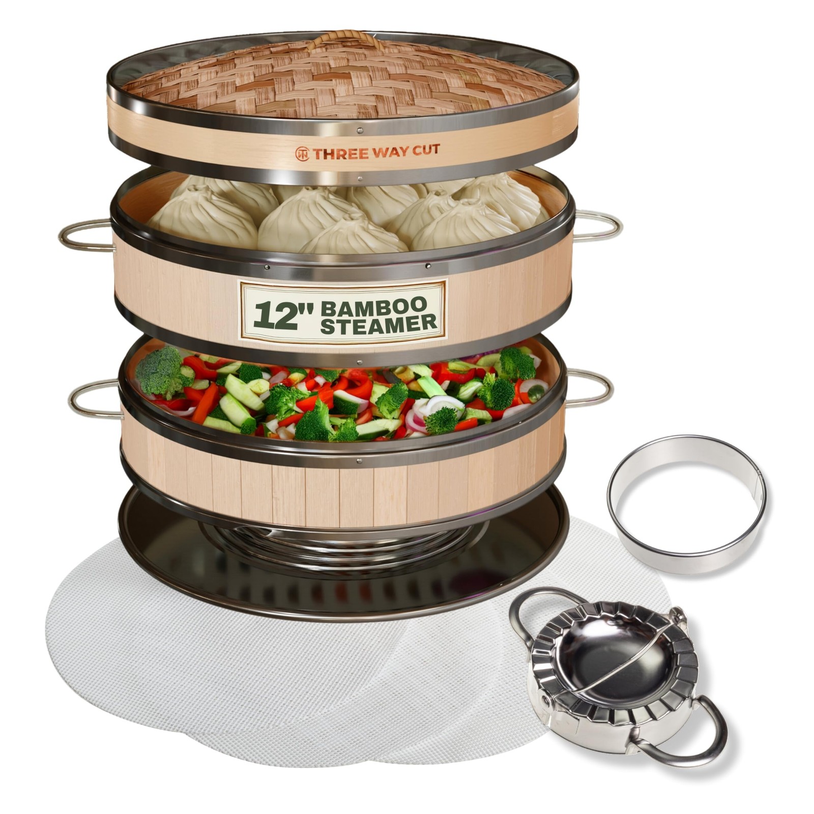 2-tier 12″ Bamboo Steamer with Reinforcement & Handle, Reusable Silicone Line…