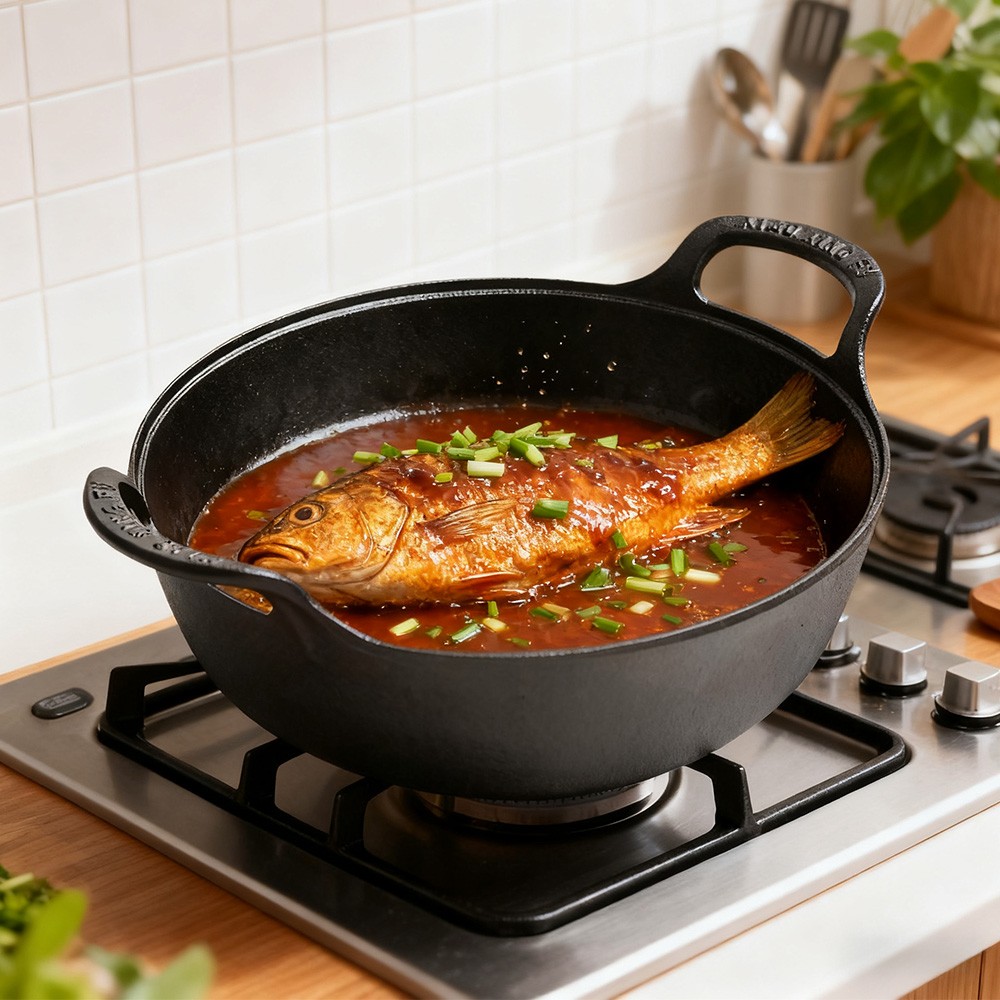 Cast Iron Wok with Handles Grilling Pan 20cm Non-stick Cooking Pot for Camping