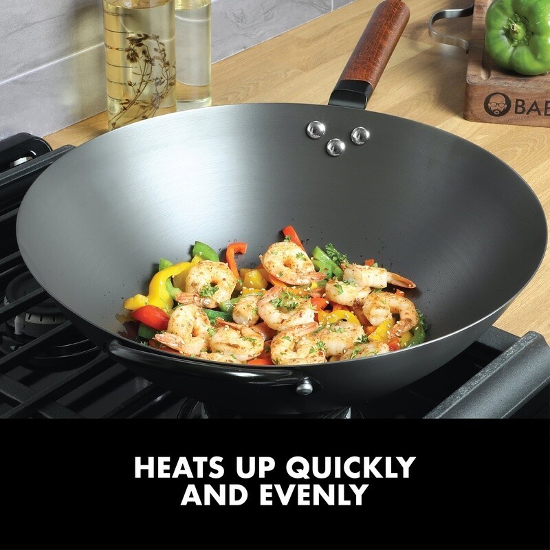 13 Inch Carbon Steel Wok Induction Safe Nonstick Rust Resistant Heavy Gauge New