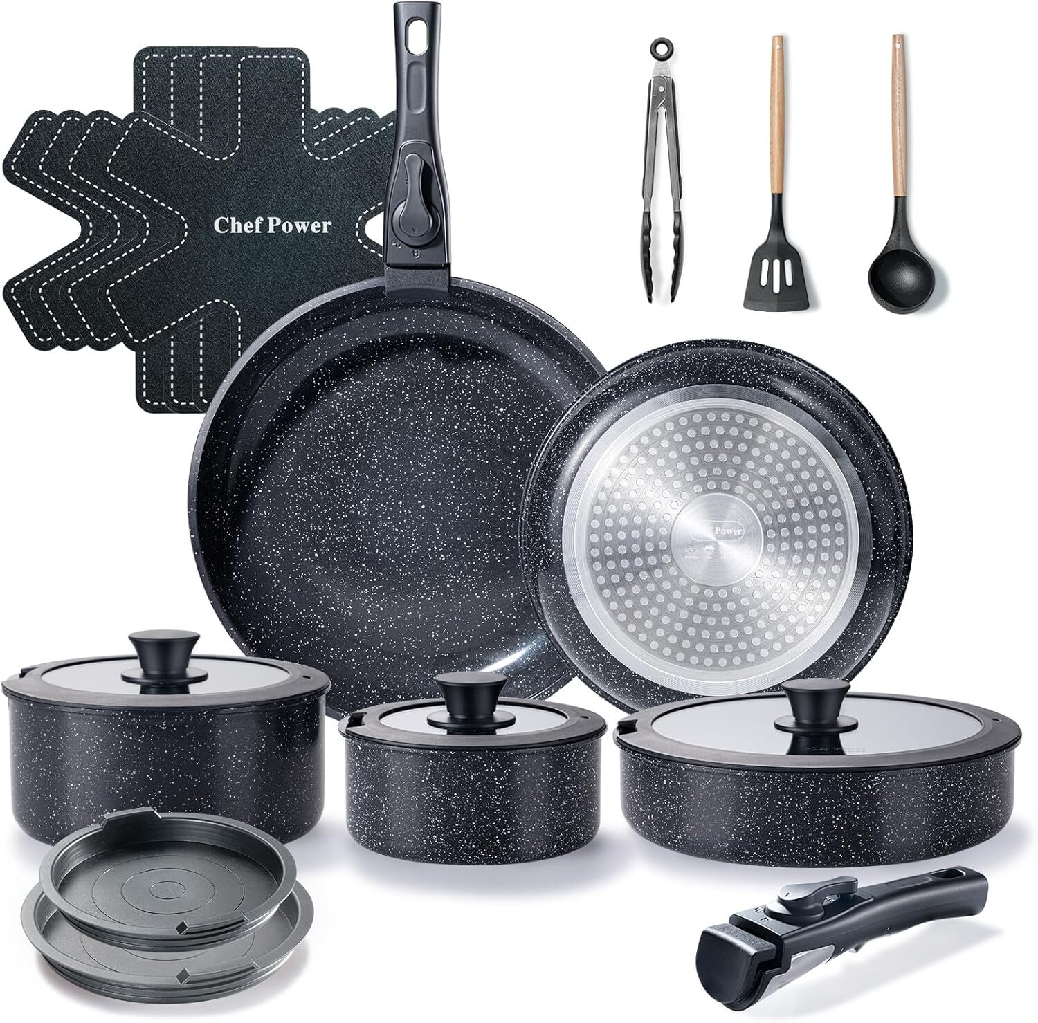 Chef Power Ceramic Nonstick Cookware Set 19 Piece with Detachable Handle