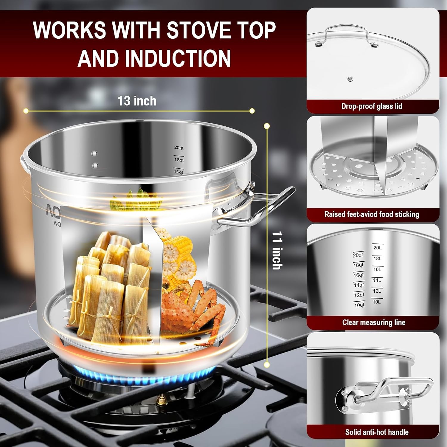 24QT Large Stainless Steel Stock Pot W/ Lid Steamer Rack & Divider Heavy Duty