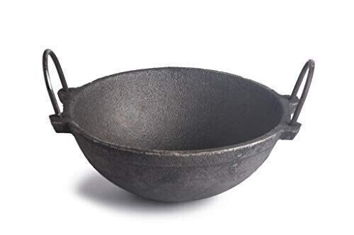 Handmade Natural Cookware Pre Seasoned Cast Iron Kadai Heavy 3.5 Kg Capacity 2L