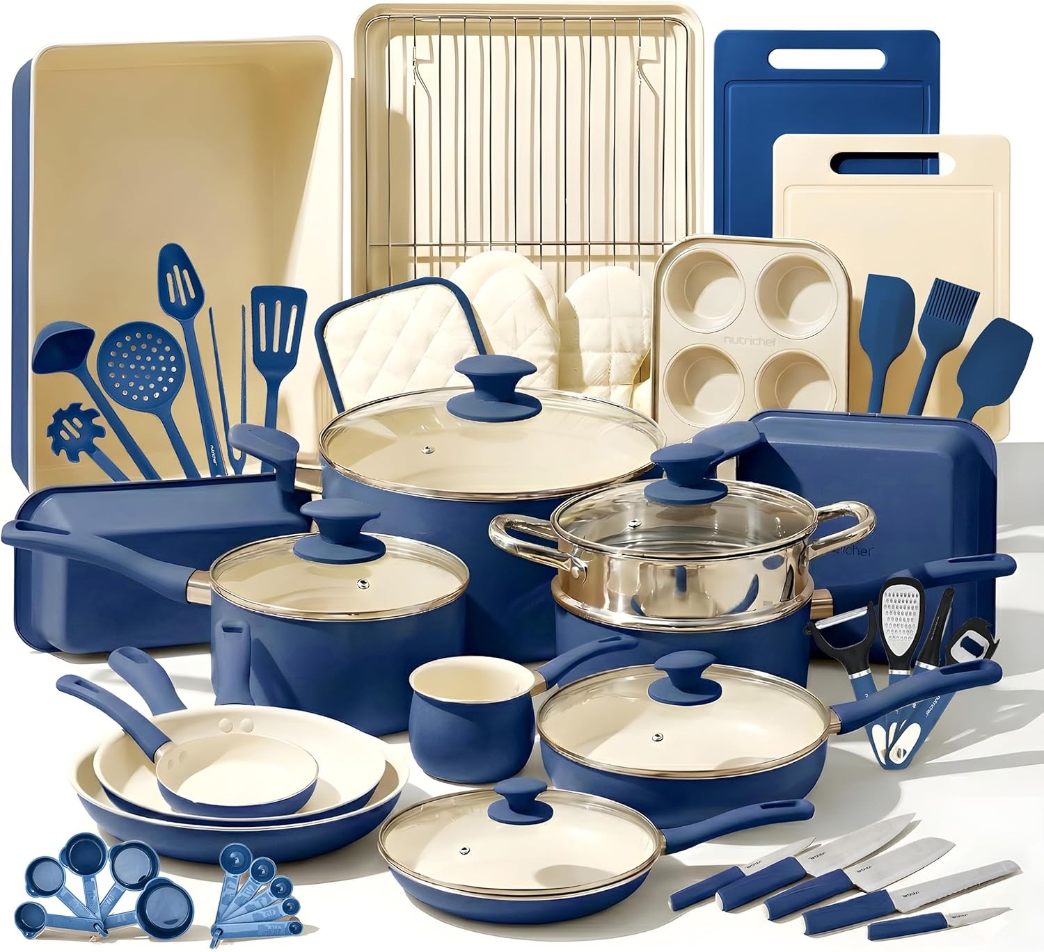 Nutrichef 54 Piece Professional Grade Complete Home Kitchen Cookware Set, Cerami