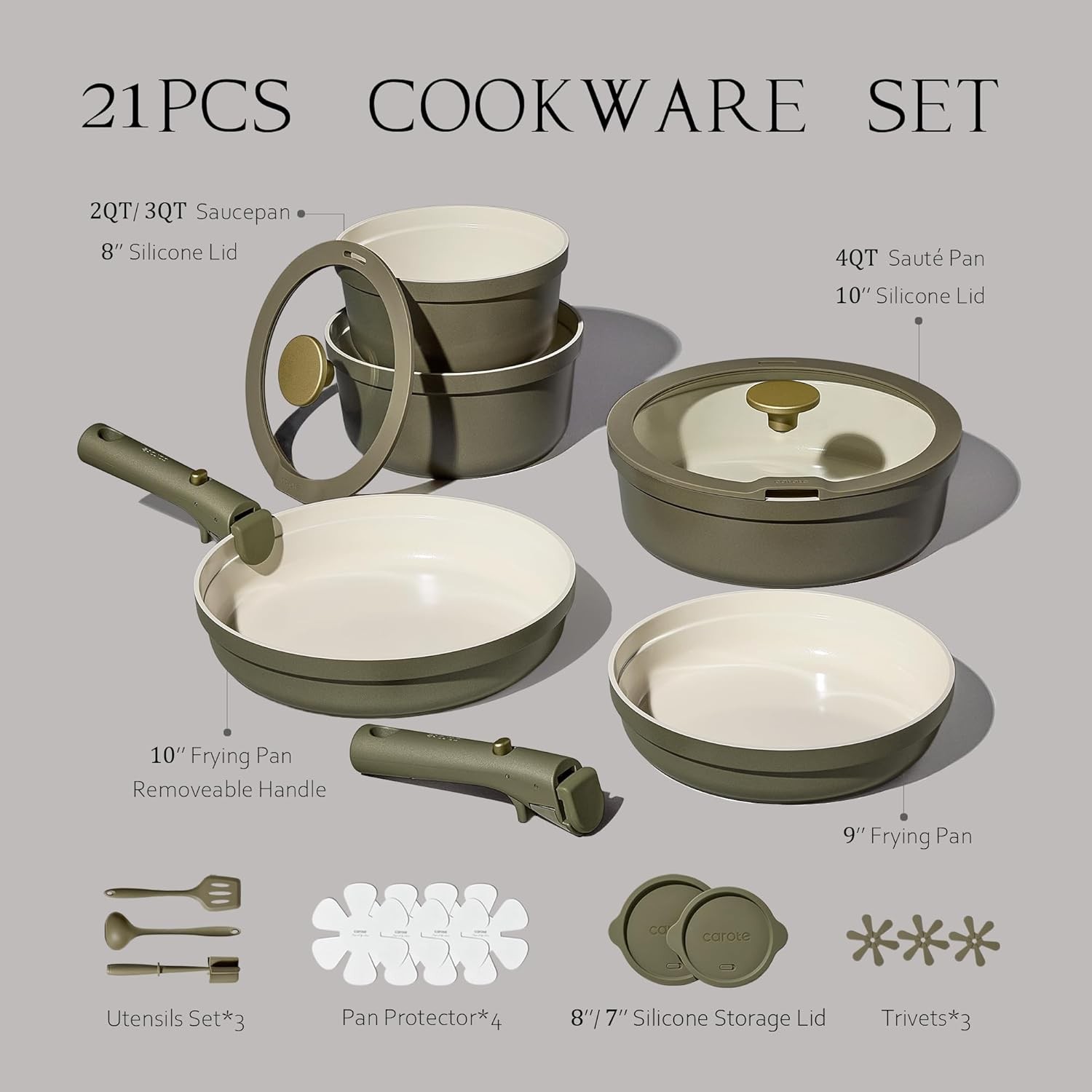 21pcs Ceramic Cookware Set with Detachable Handles, Pots and Pans Set Non Stick
