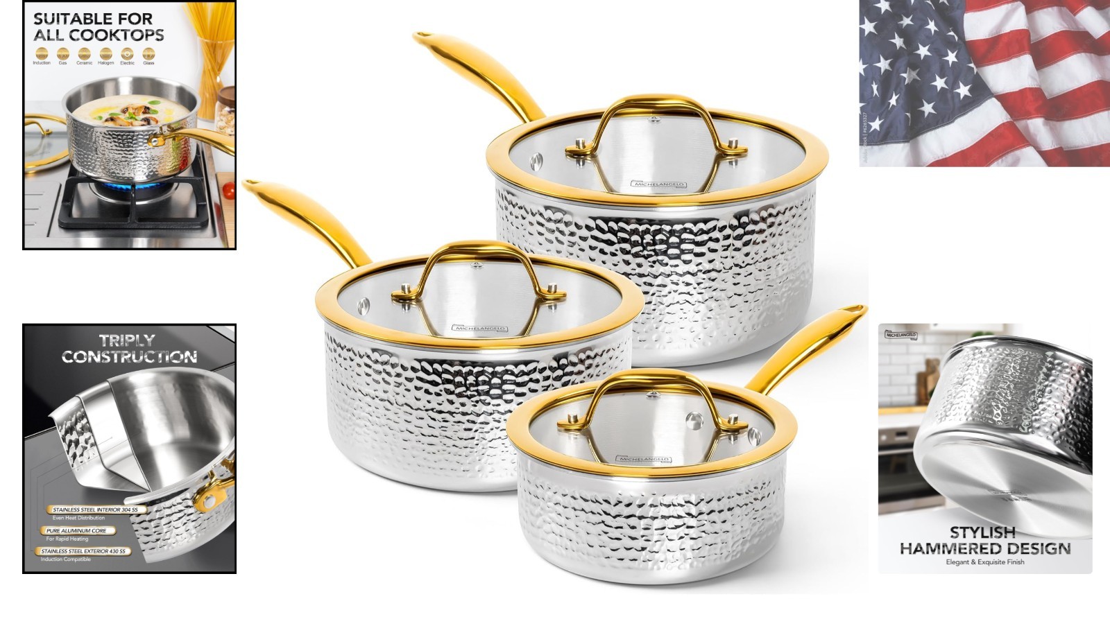 Triply Stainless Steel Saucepan Set, Luxury Hammered Stainless Steel Sauce Pa…