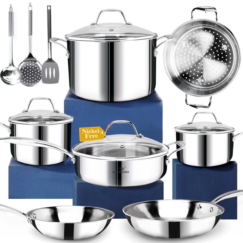 HOMICHEF 14-Piece Nickel Free Stainless Steel Cookware Set Whole-Clad 3-Ply –
