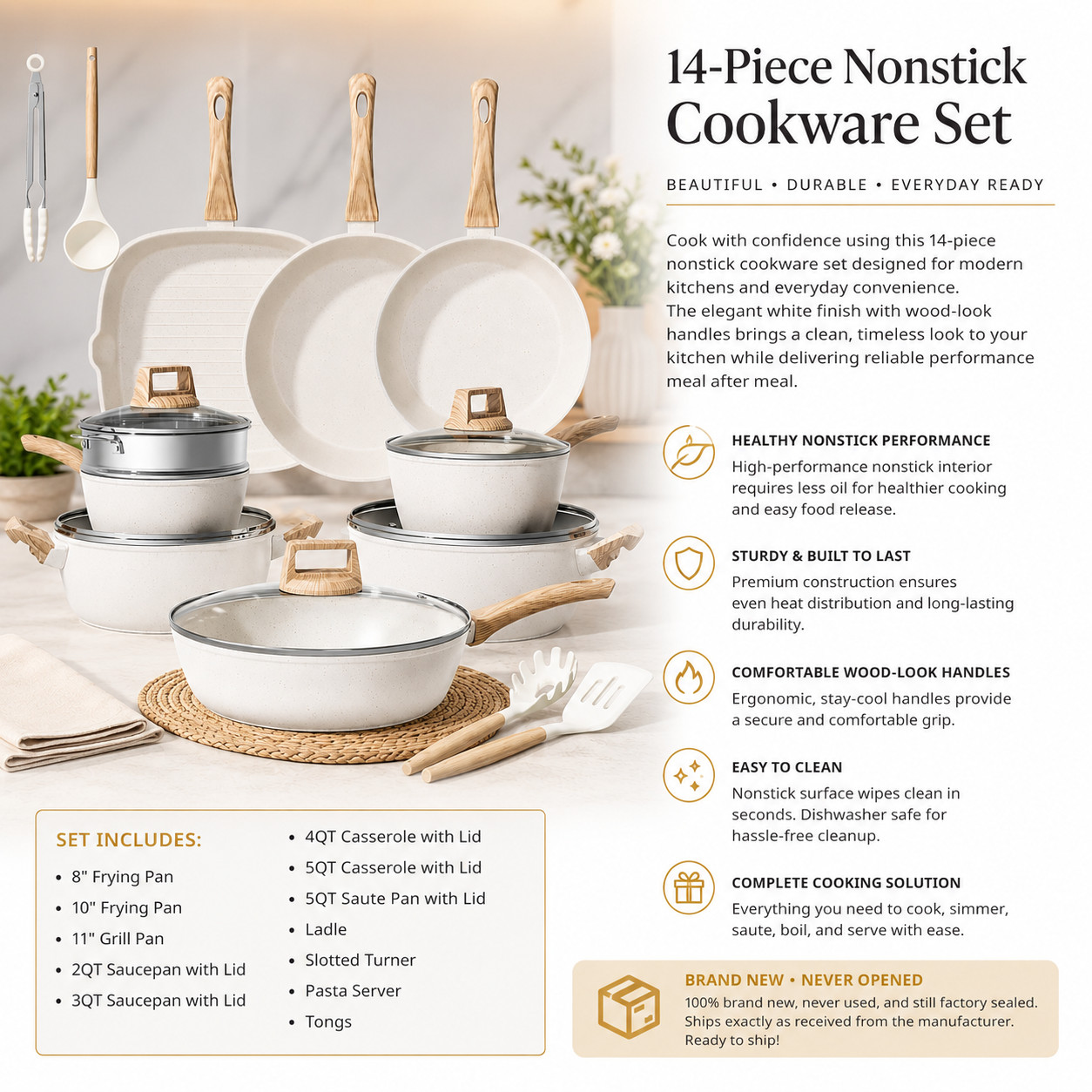 *NEW* Bazova 24pc Ceramic Nonstick Pots & Pans Set White, Titanium, 500°F