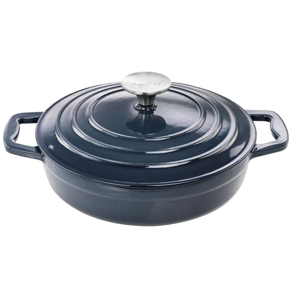 MegaChef Braiser Pan 2 qt Round Enameled Cast Iron Dark Blue Non-Stick Oven Safe