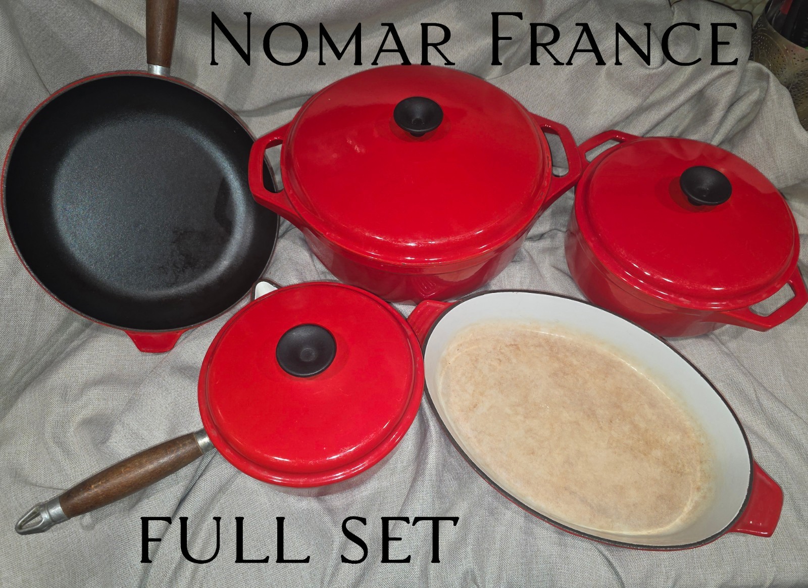 Nomar France Red Enamel Cast Iron Seven-Piece Pan Set Frying Pan Saucepan
