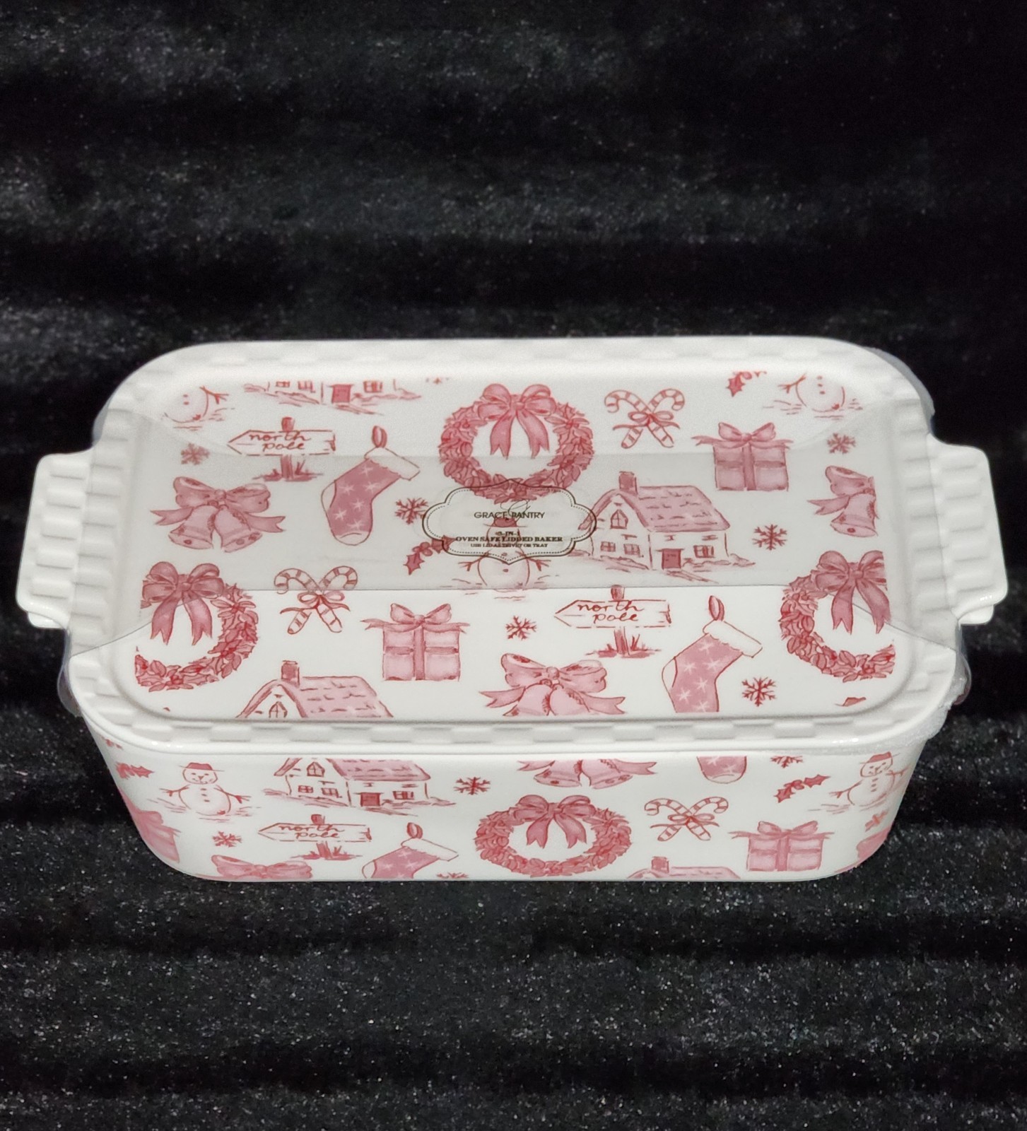 Grace Pantry Christmas PINK BOW 2qt Rectangular Baker & Lid 11″ Oven Safe 3 in 1