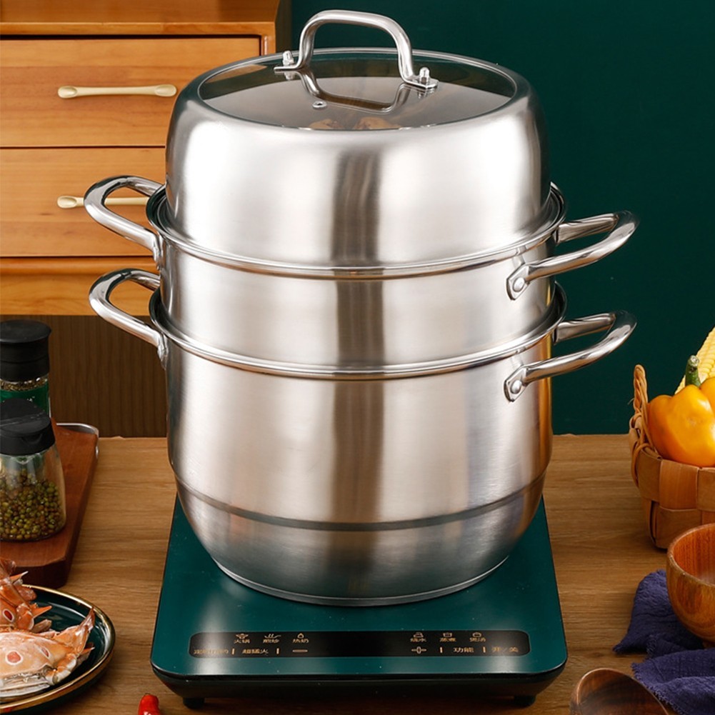3 Tier Stainless Steel Steamer Cooker Steam Pot Kitchen Food Cooking + Glass Lid