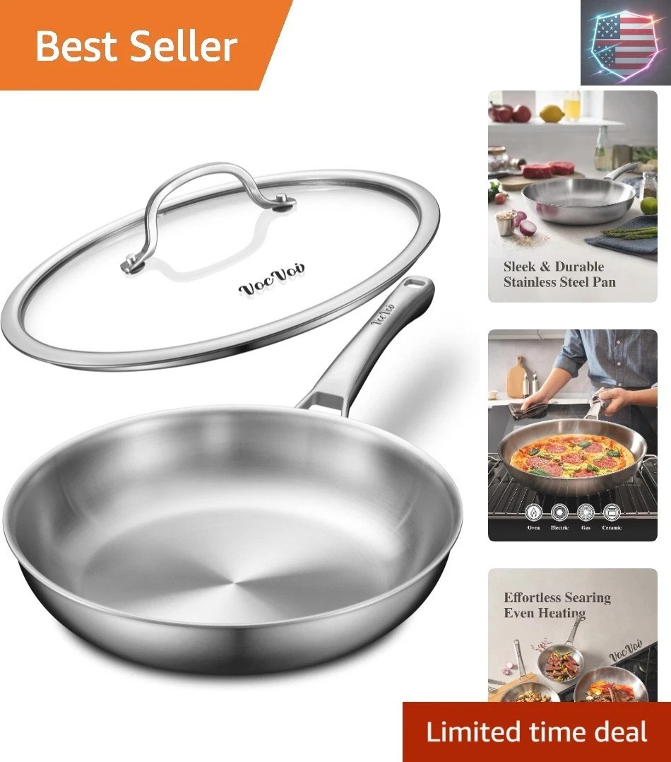 Stainless Steel Pan, 12 Inch with Lid Stainless Steel Frying Pan, Non Toxic T…