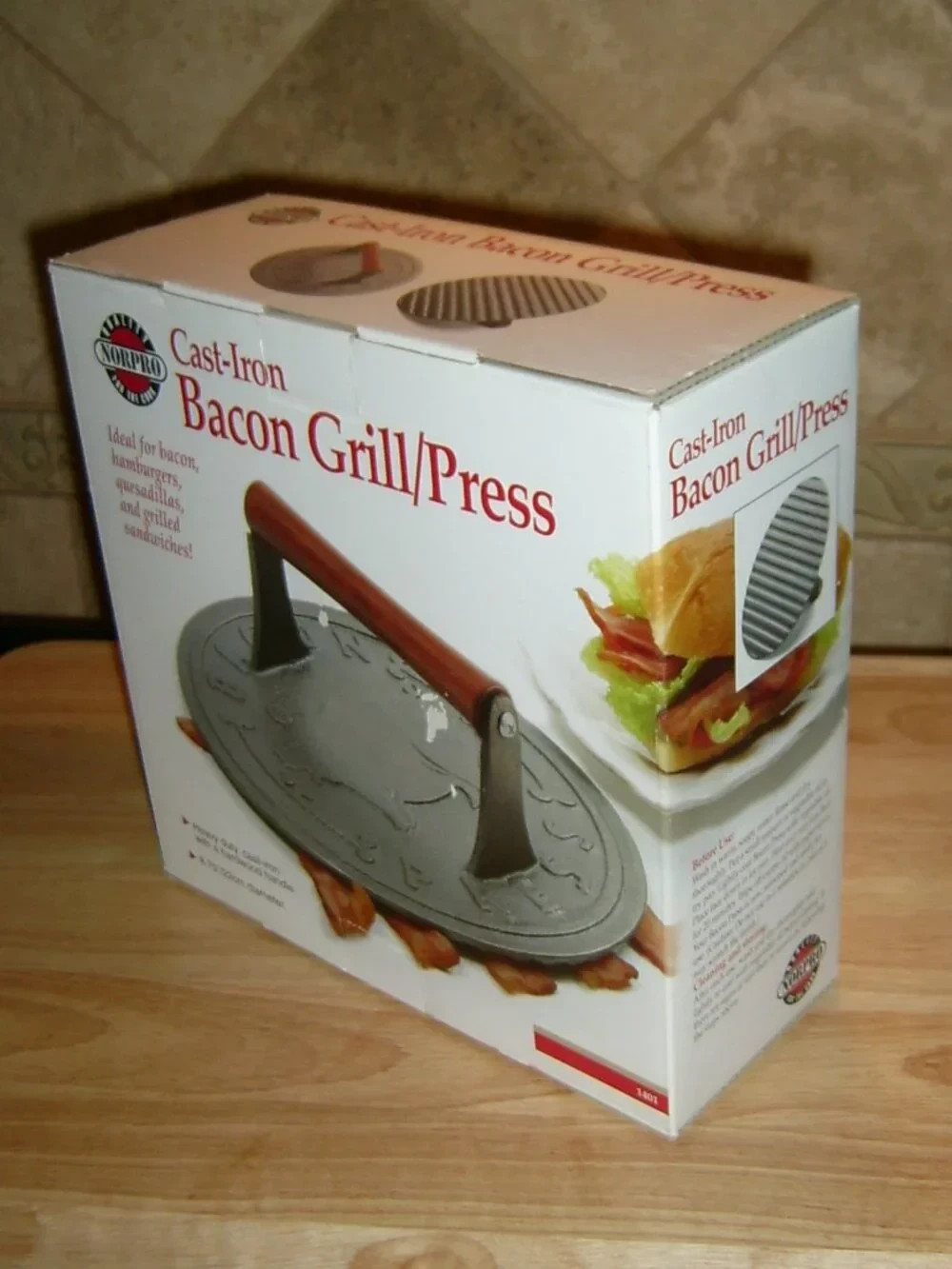 Norpro Cast-Iron Bacon Grill/Press, Hardwood Handle, NEW IN BOX