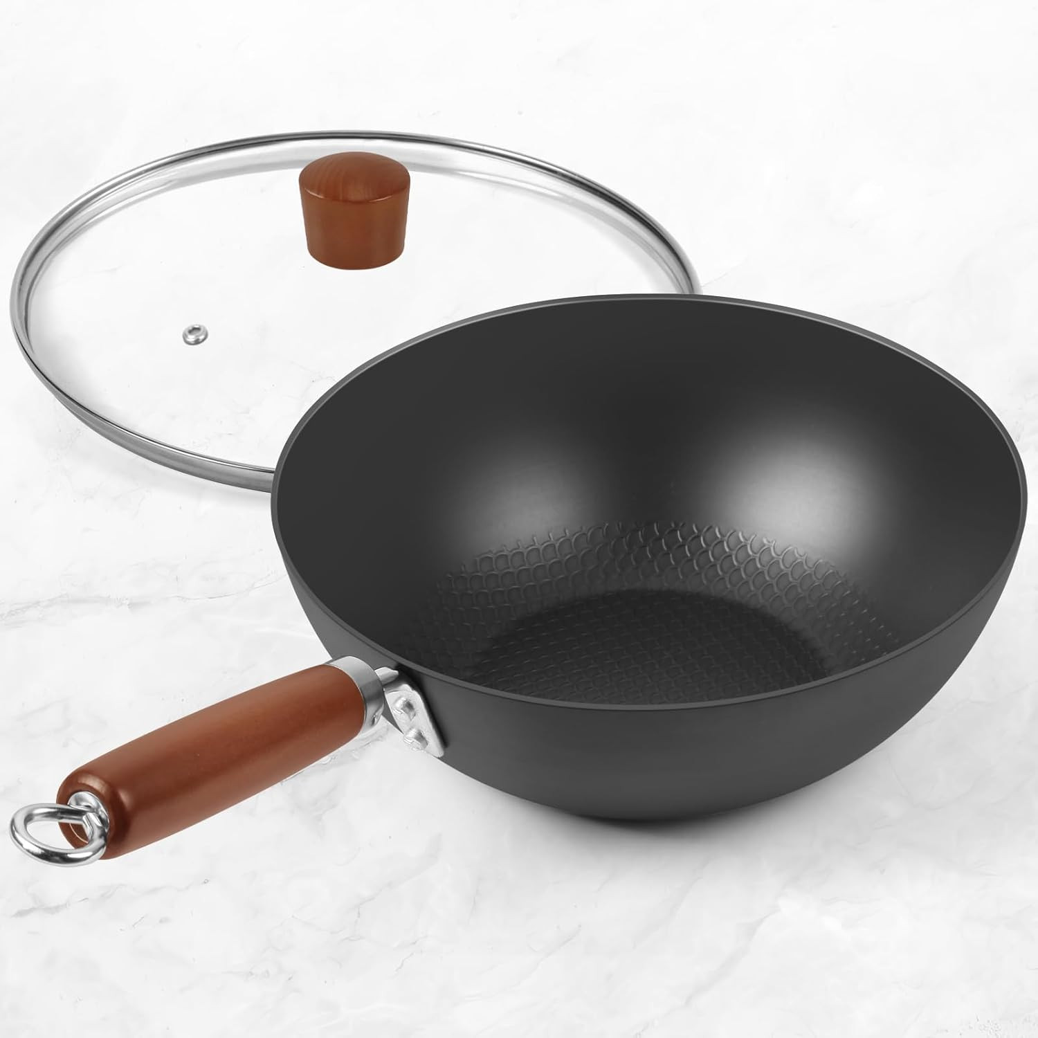 Carbon Steel Wok Pan 9.5″ Authentic Chinese Stir-Fry Pans Set with Glass Lid