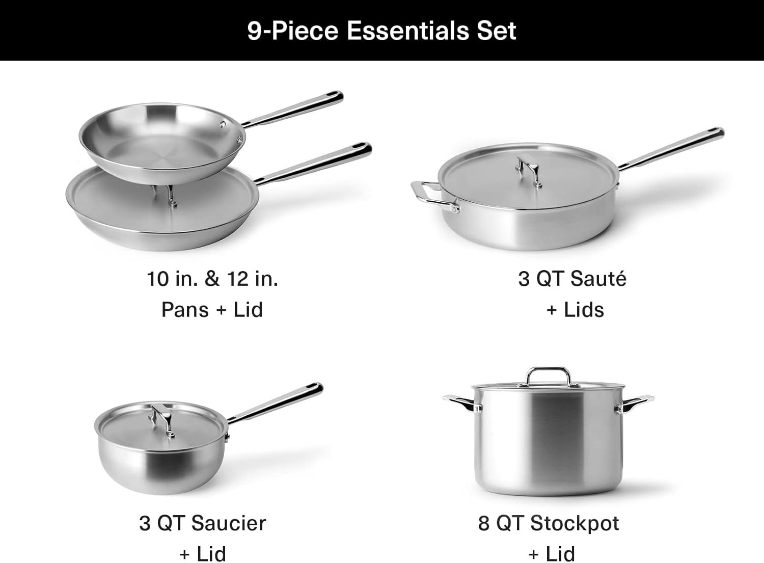 5-Ply Stainless Steel Cookware Set – Versatile, Dishwasher Safe – 9-Piece Set –