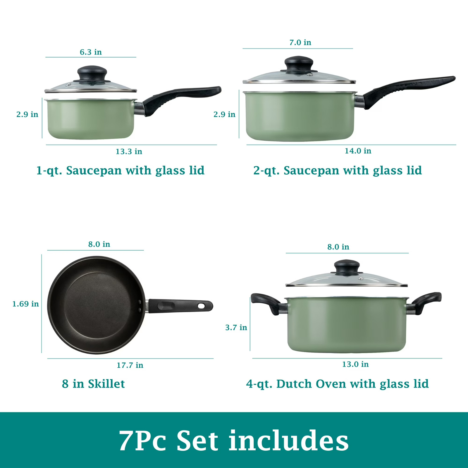 Mainstays 7-Piece Pots and Pans Cookware Set Nonstick Kitchen Pots Pans Green