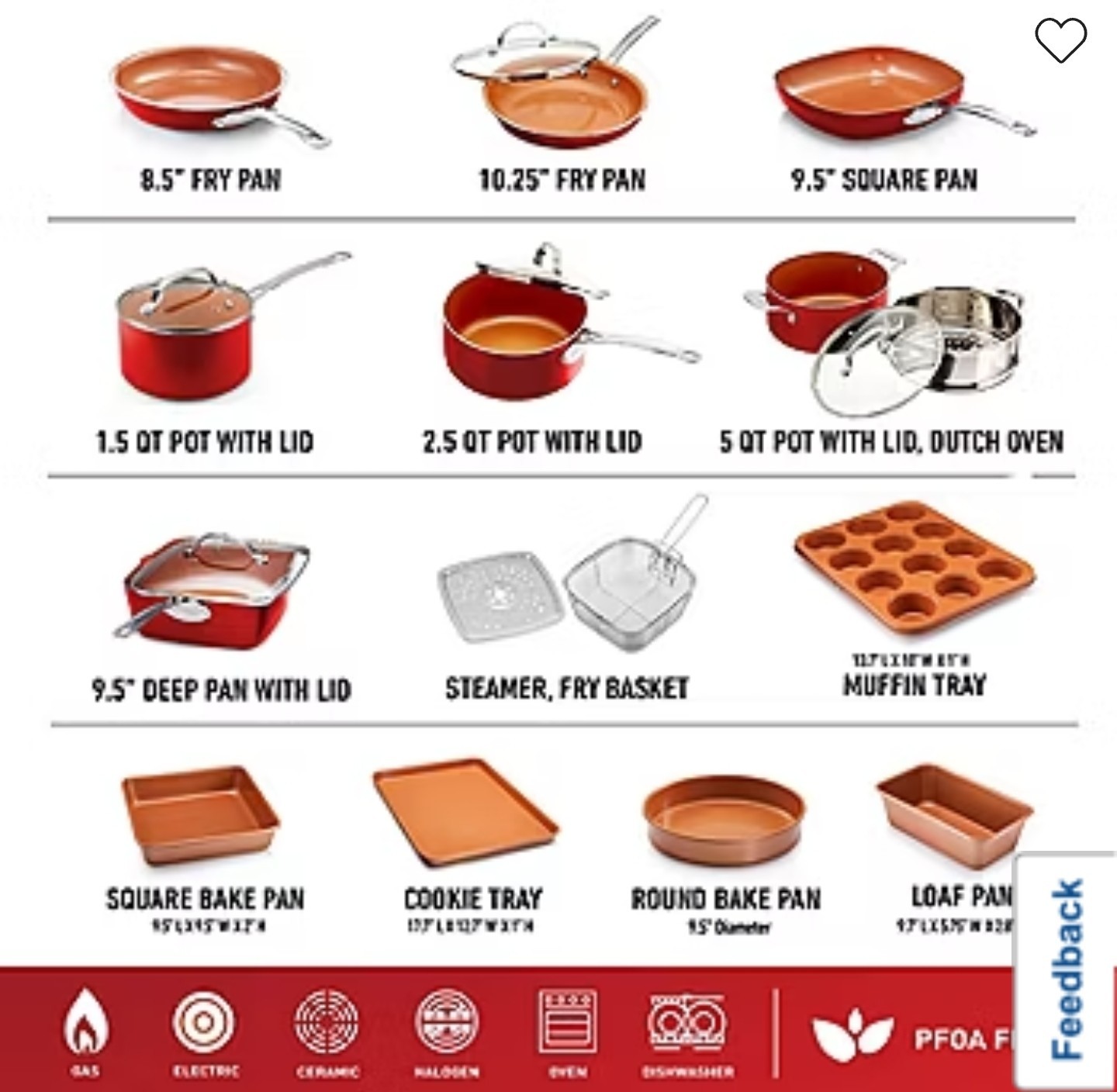 Gotham Steel Diamond 20-Piece Red Nonstick Ceramic Cookware Bakeware Set