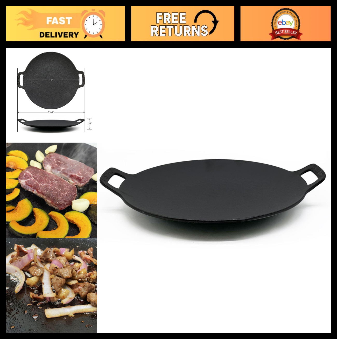 13-Inch Cast Iron Korean BBQ Grill Pan – Indoor/Outdoor Griddle for Stovetop Coo