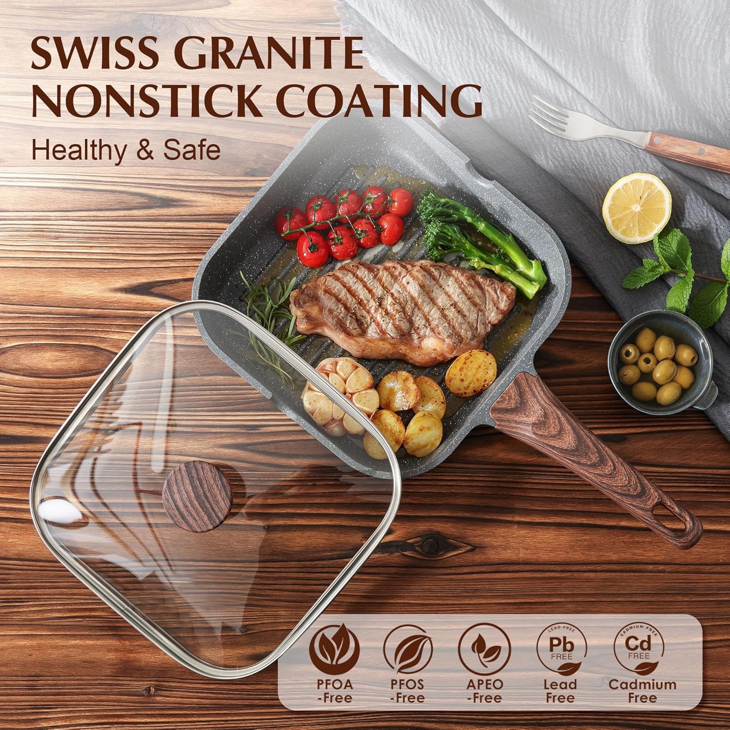 Square Nonstick Grill Pan with Lid Pour Spouts Stovetop Skillet