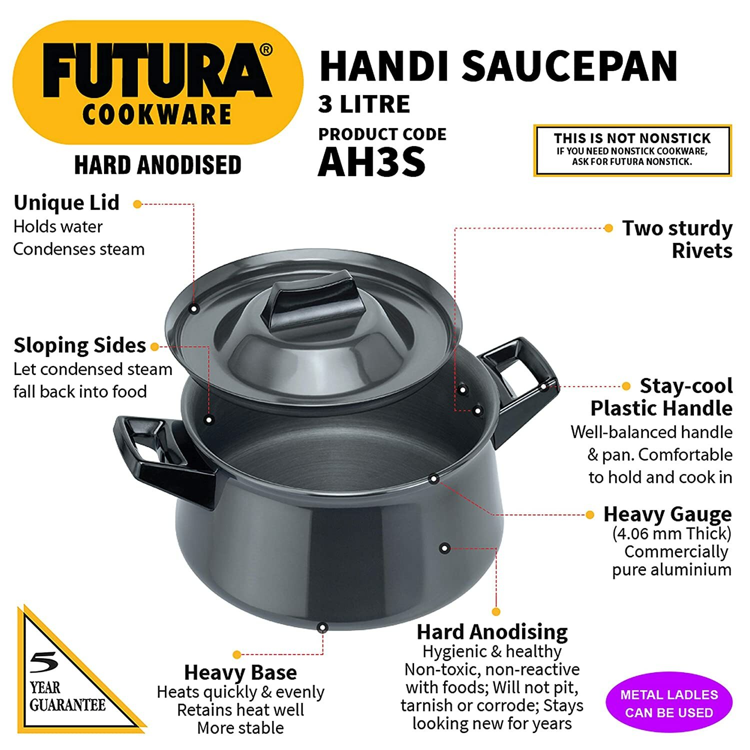 Hawkins Futura H/A Cooking Handi Saucepan Black 3 Lt Stay Cool Handles With Lid