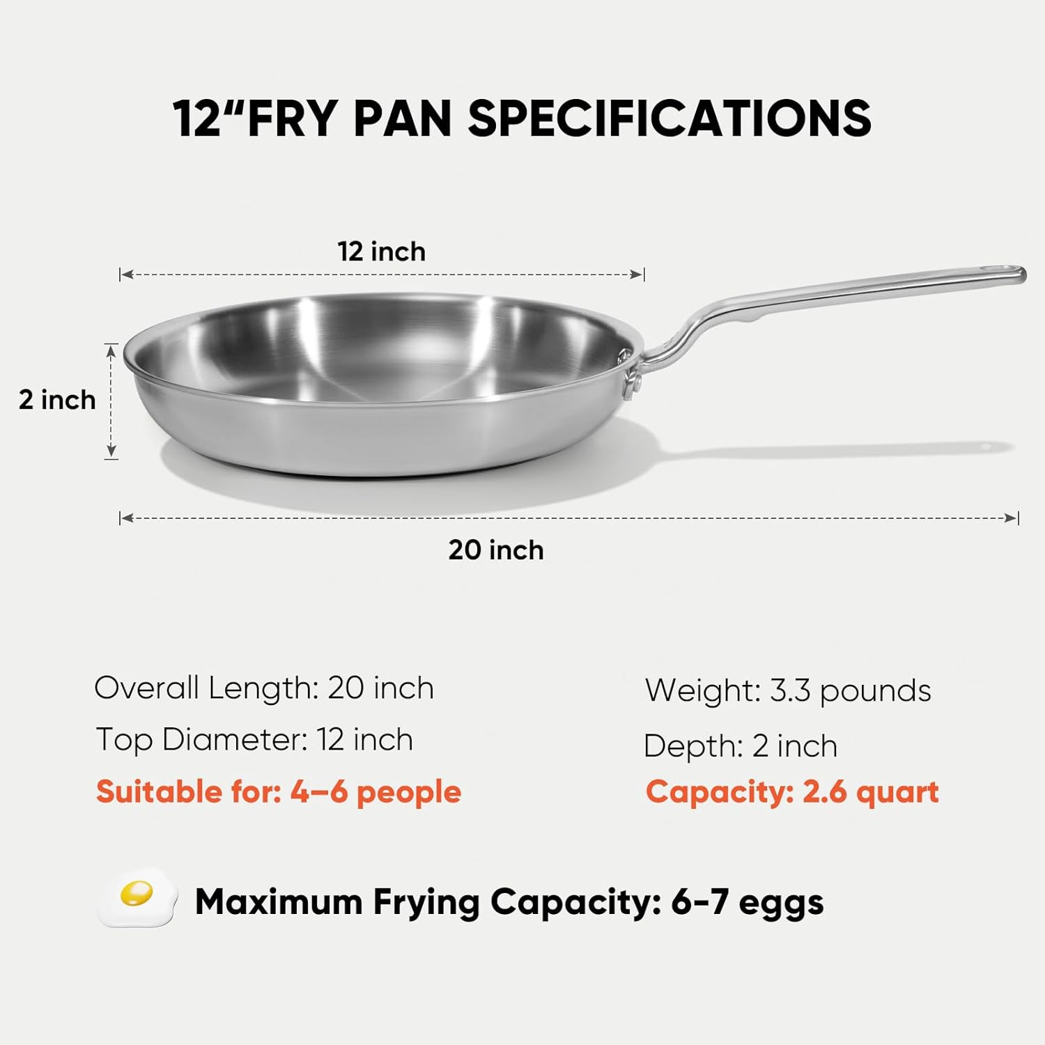 12 Inch Stainless Steel Frying Pan – 5 Ply Stainless Clad Skillet with Aluminum