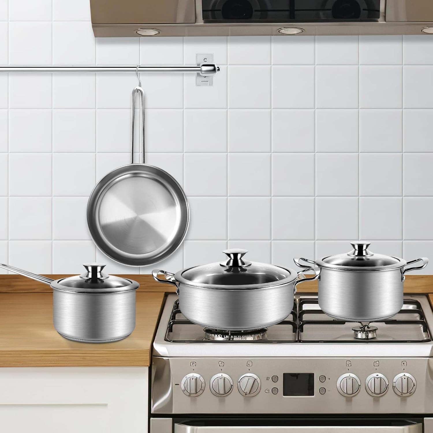 Stainless Steel Kitchen Pots Glass Lids Stay Cool Handles Induction Gas Cookware