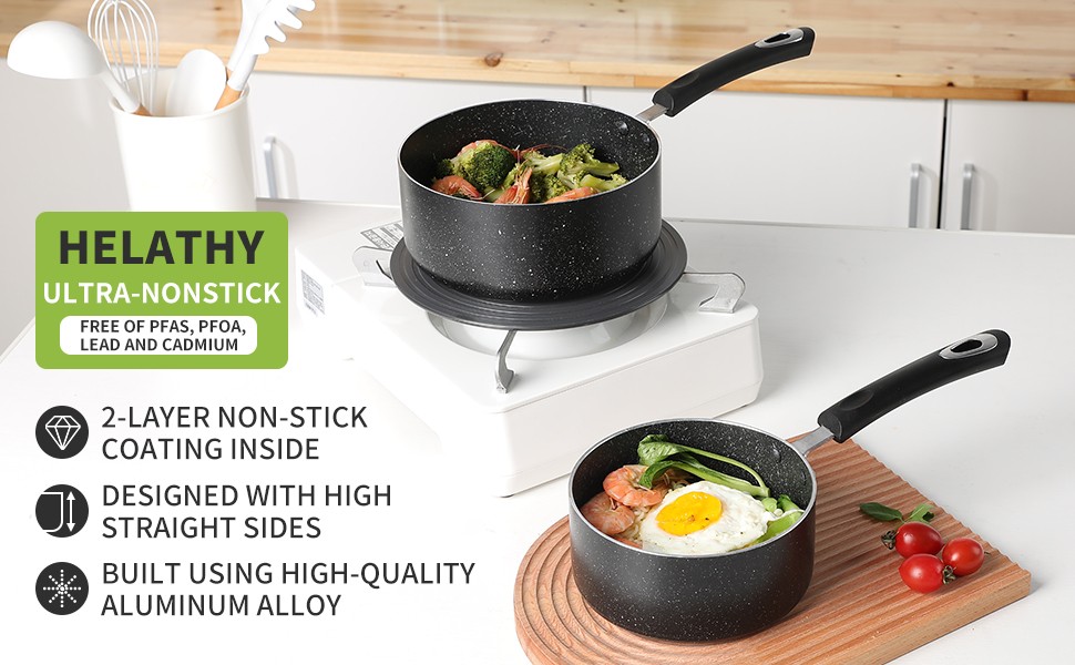 Nonstick Saucepan Set with Lid, Non Stick 1Qt & 2Qt Sauce Pan Set with Glass Lid