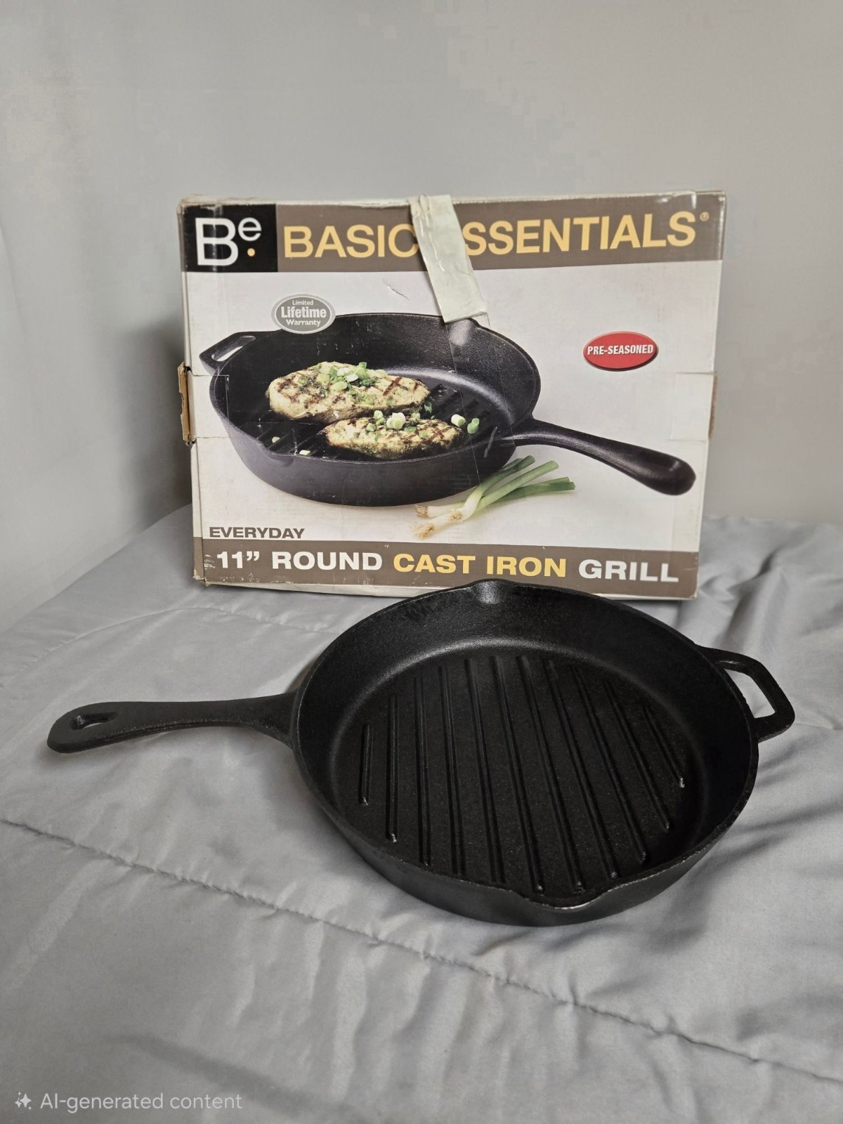 Basic Essentials 11″ Pre‑Seasoned Cast Iron Round Grill Pan w/ Assist Handle