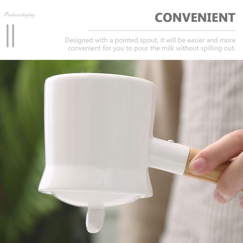 Mini Sauce Pan Ceramic Milk Pot 350ml With Lid Wooden Handle White Pour Spout