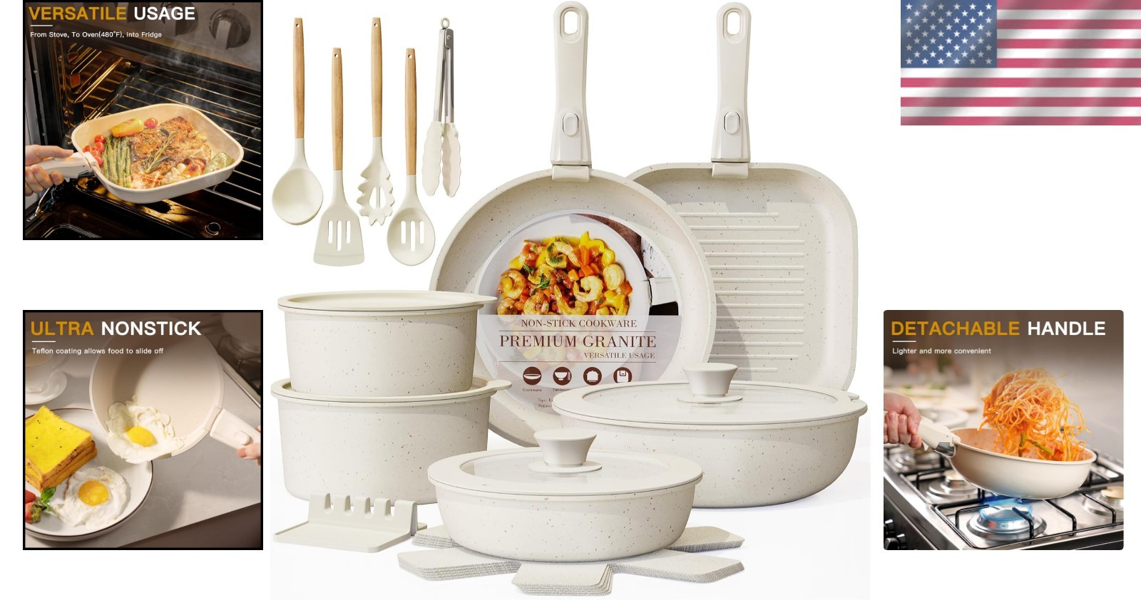 Cookware Set Non Stick Ceramic With Removable Handles Oven Safe Induction Ready