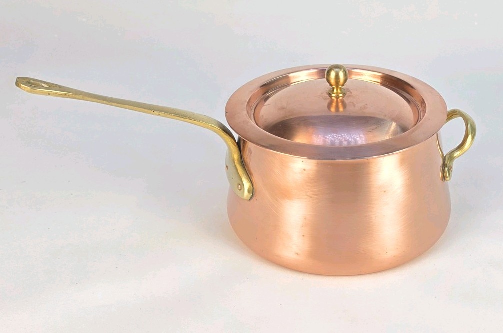 Copper Saucepan w/ Lid, Brass Handle, Double Handle, 3 qt, 7 in Dia