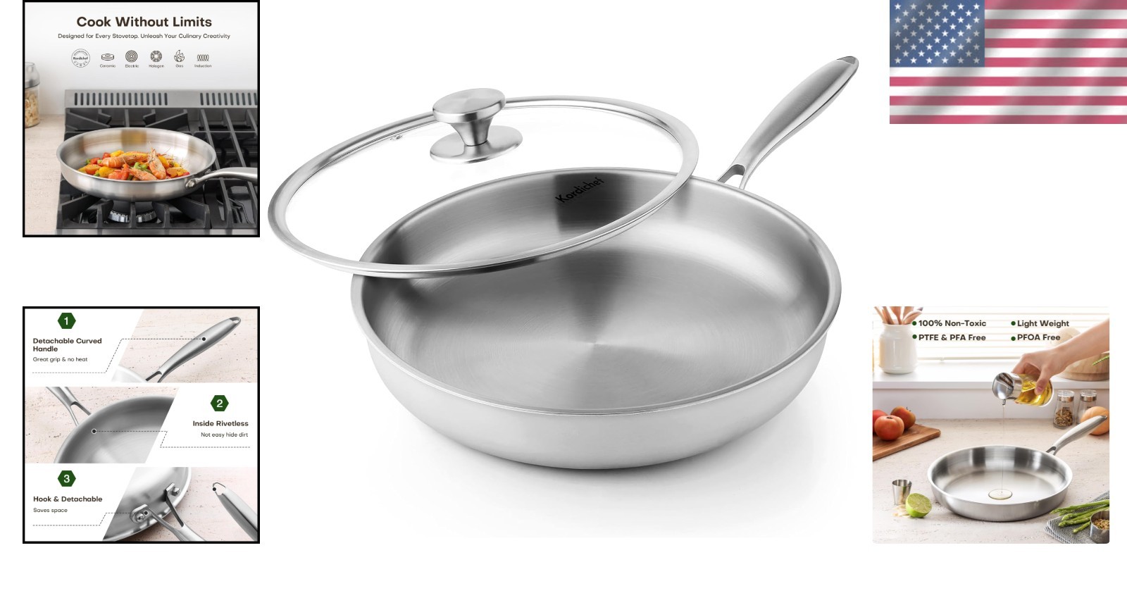 12 Inch Tri-Ply Stainless Steel Frying Pan, Compatible with All Cooktops Up to 6